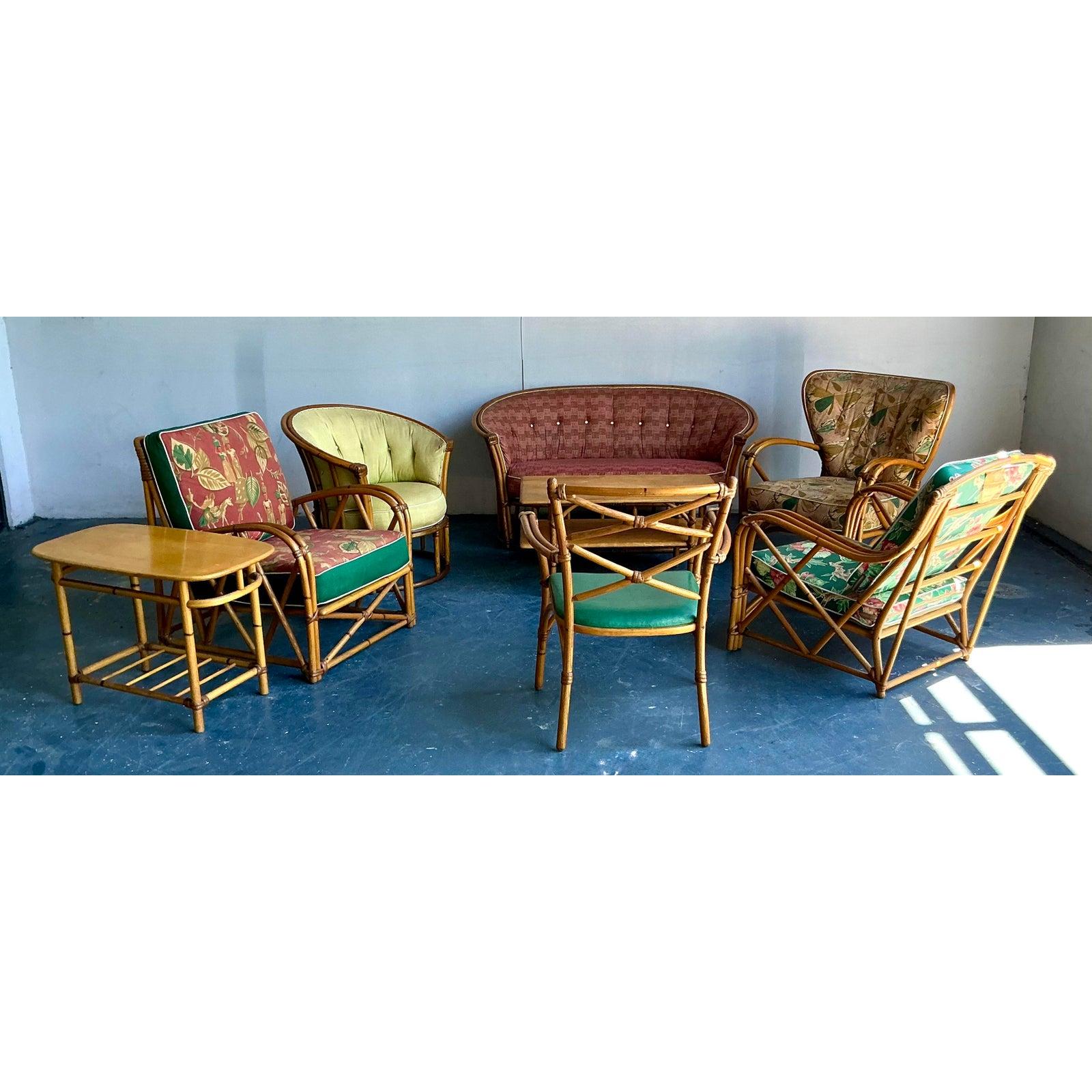 Vintage Heywood Wakefield Mid-Century Modern Bent Rattan Lounge Chair (Stoff) im Angebot