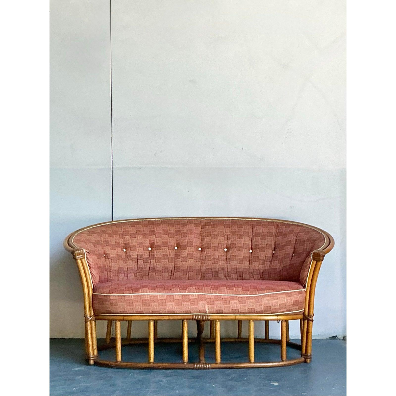 Vintage Heywood Wakefield Loveseat de bañera moderno de mediados de siglo Tela en venta