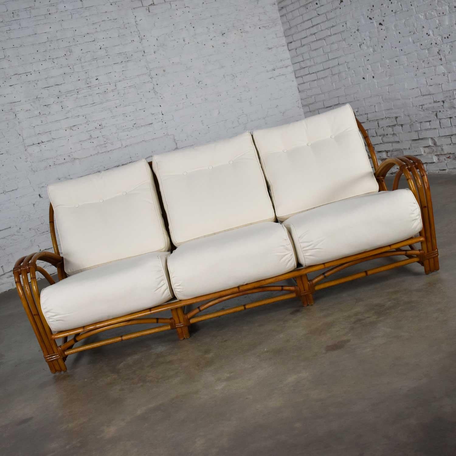 Organic Modern Vintage Heywood Wakefield Rattan Sofa New Off-White Canvas Upholstery