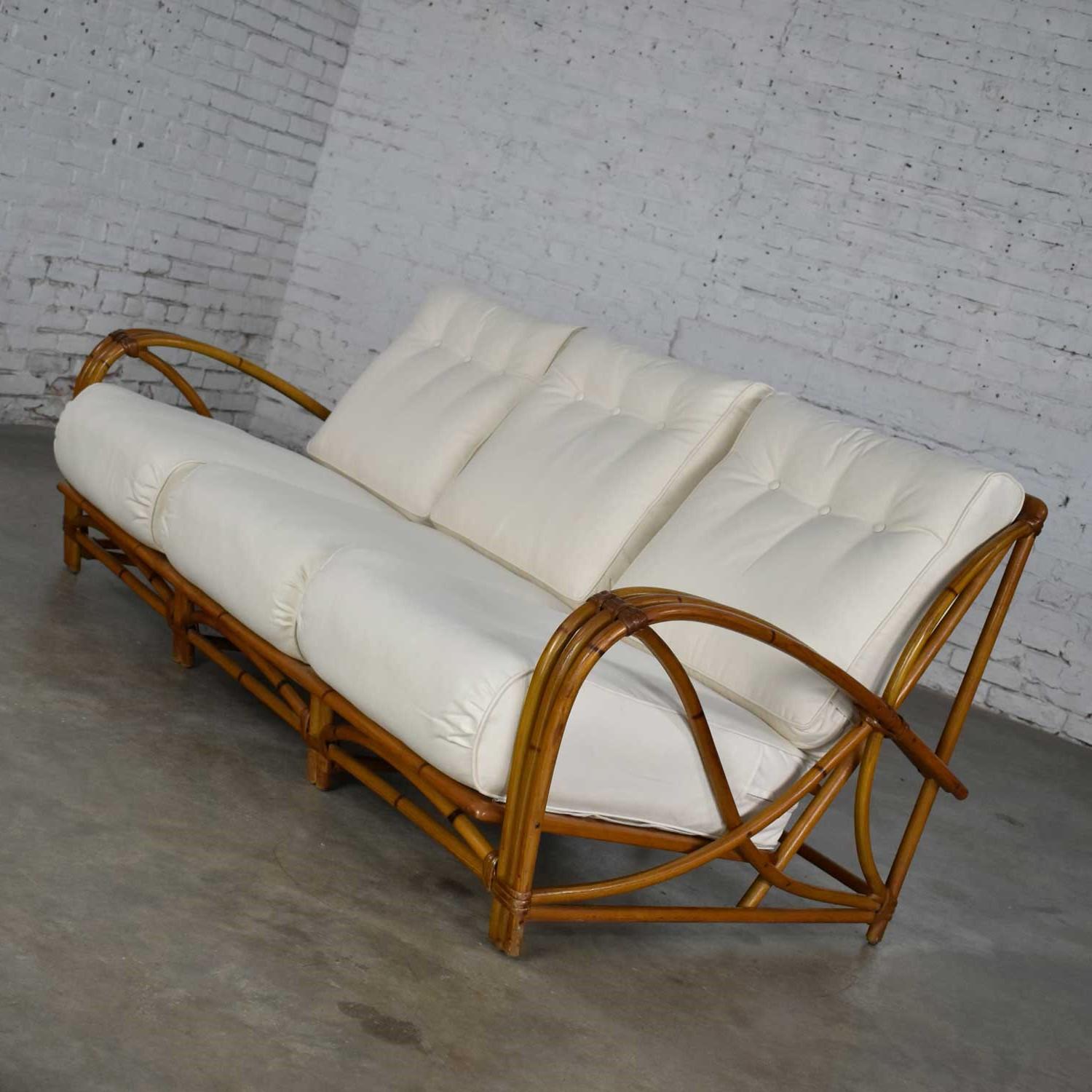 20th Century Vintage Heywood Wakefield Rattan Sofa New Off-White Canvas Upholstery