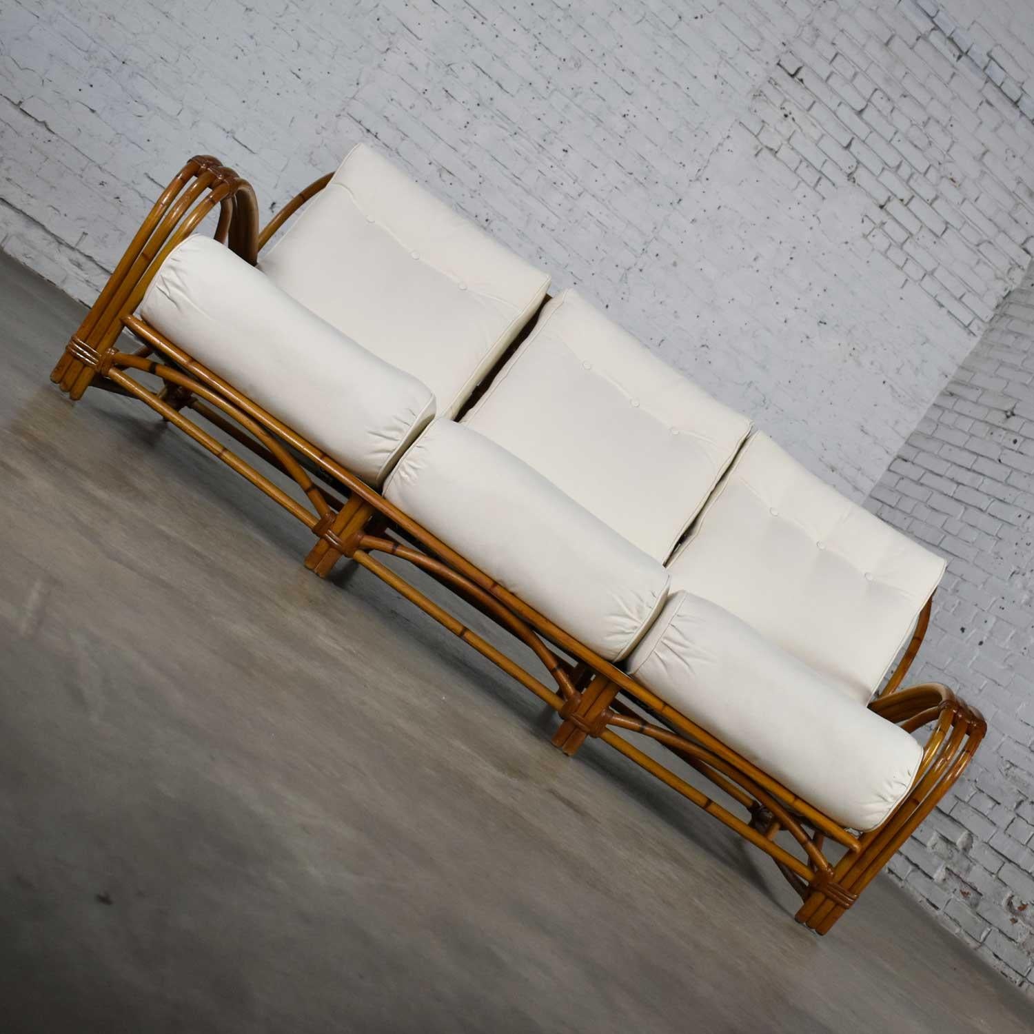 Vintage Heywood Wakefield Rattan Sofa New Off-White Canvas Upholstery 1