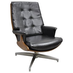 Vintage Heywood Wakefield Teak and Black Vinyl Swivel Tilt Lounge Armchair