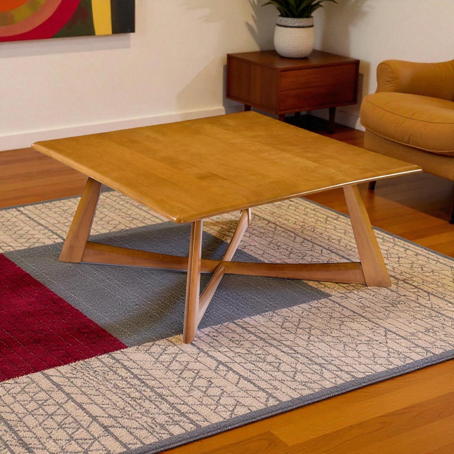 Mid-Century Modern Table basse carrée Heywood Wakefield finition blé avec base en X en vente