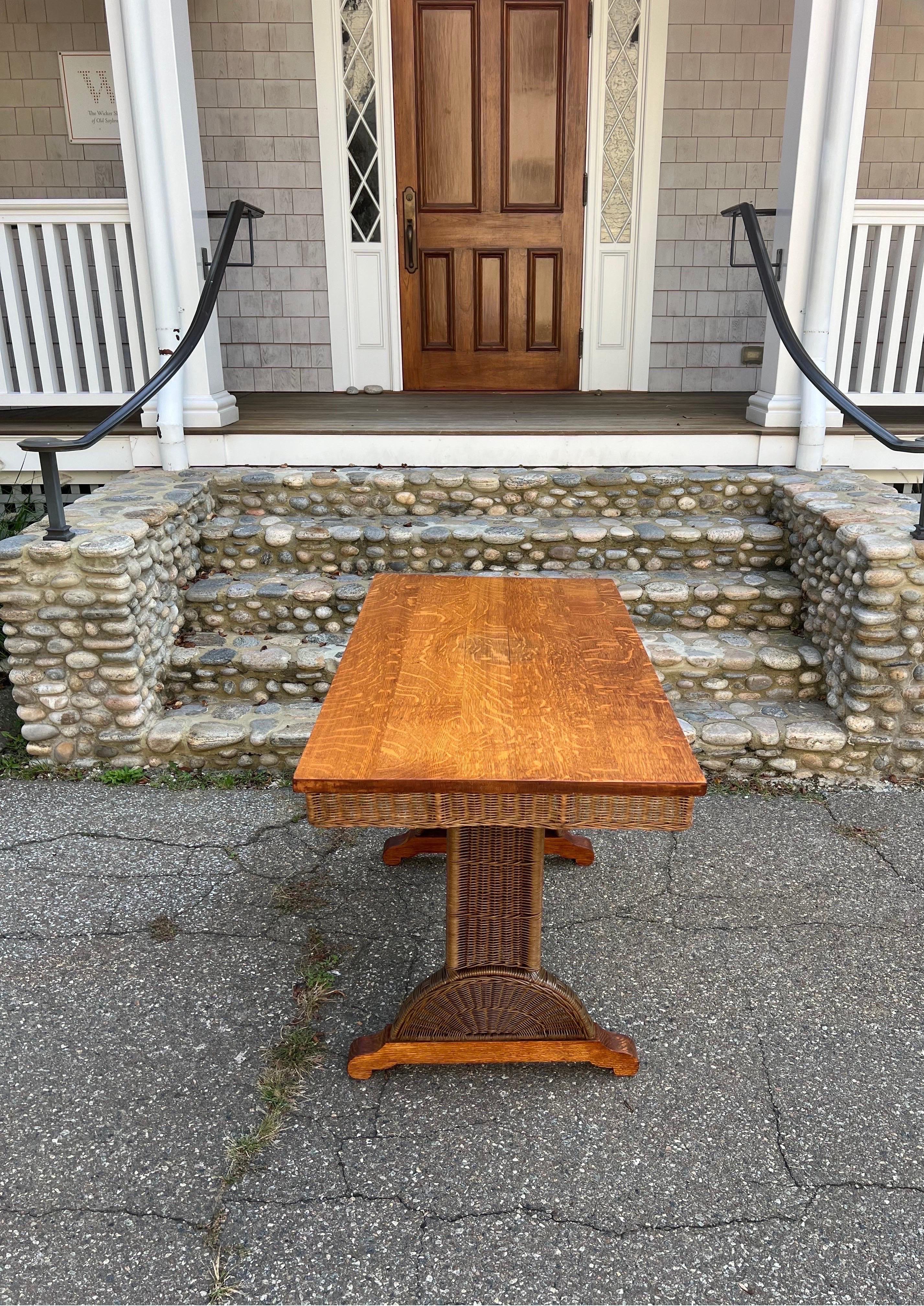 Hand-Woven Vintage  Heywood Wakefield Wicker and Oak Trestle Table