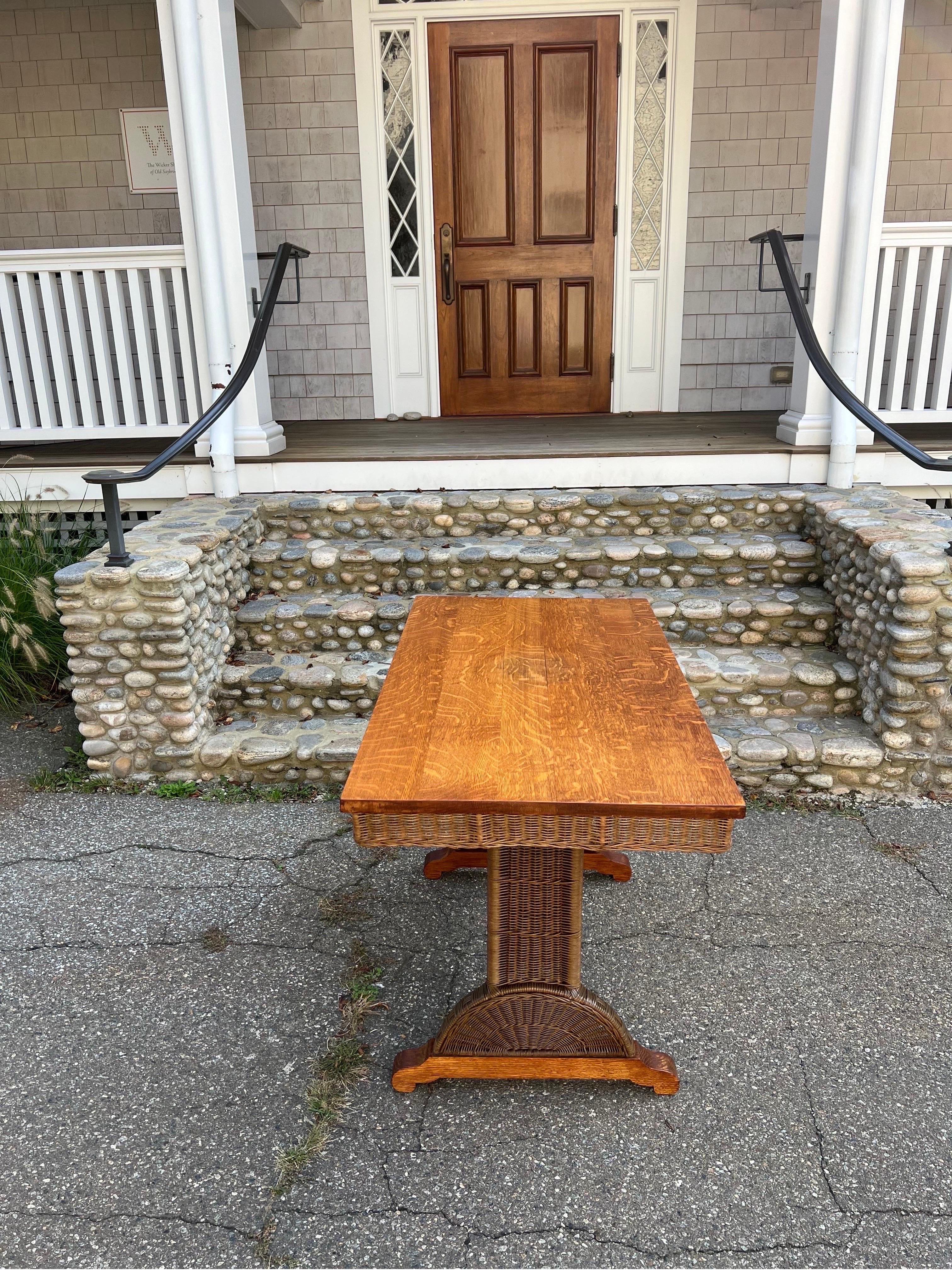 Early 20th Century Vintage  Heywood Wakefield Wicker and Oak Trestle Table