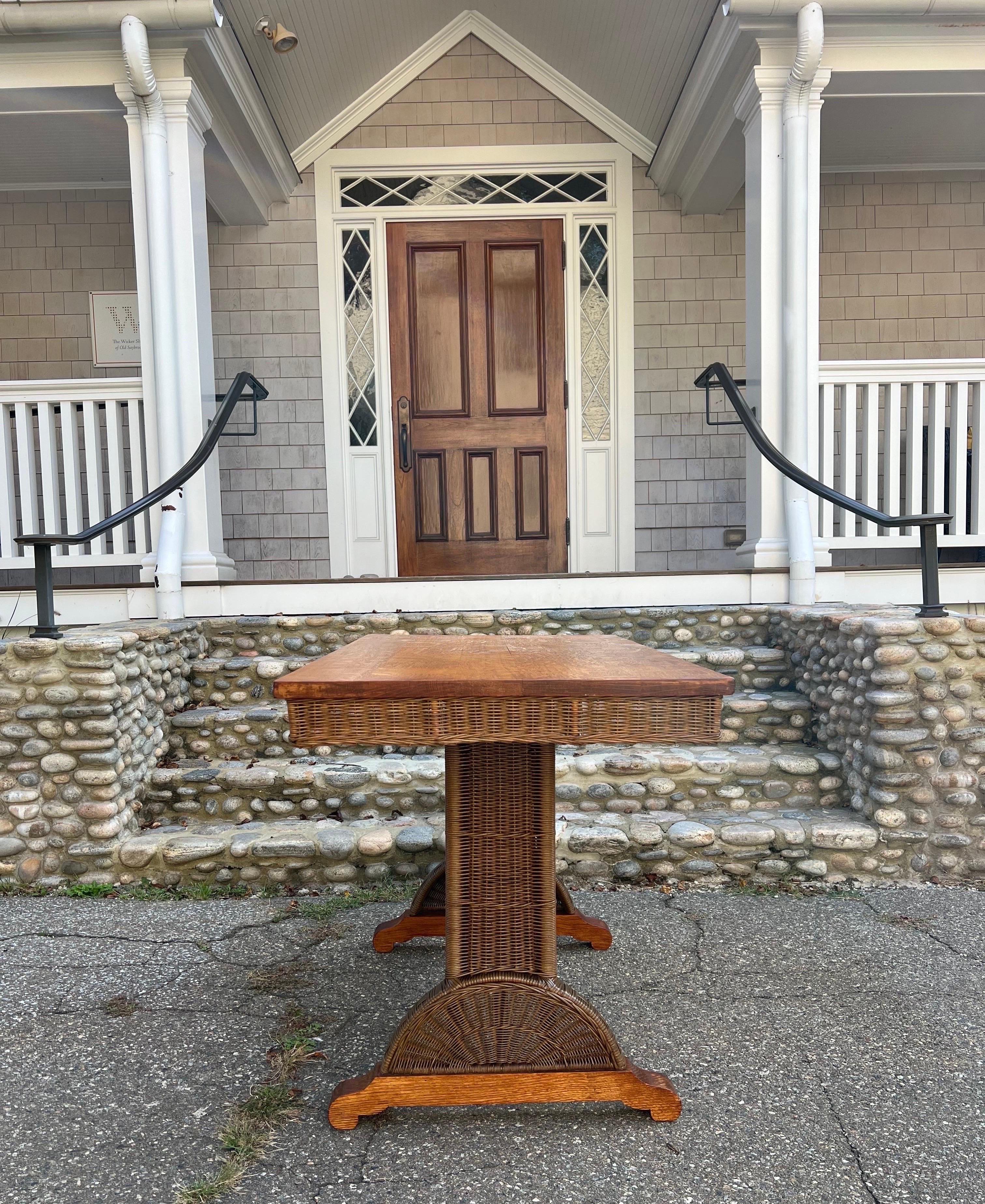 Vintage  Heywood Wakefield Wicker and Oak Trestle Table 1
