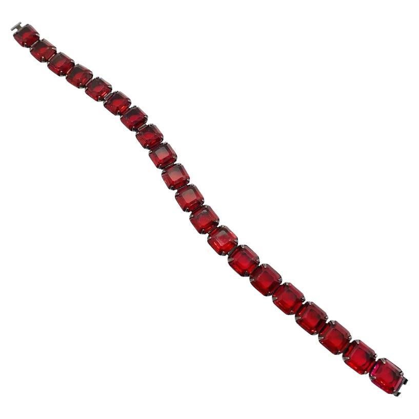 Vintage H&H Sterling Silver German Ruby Glass Bracelet For Sale