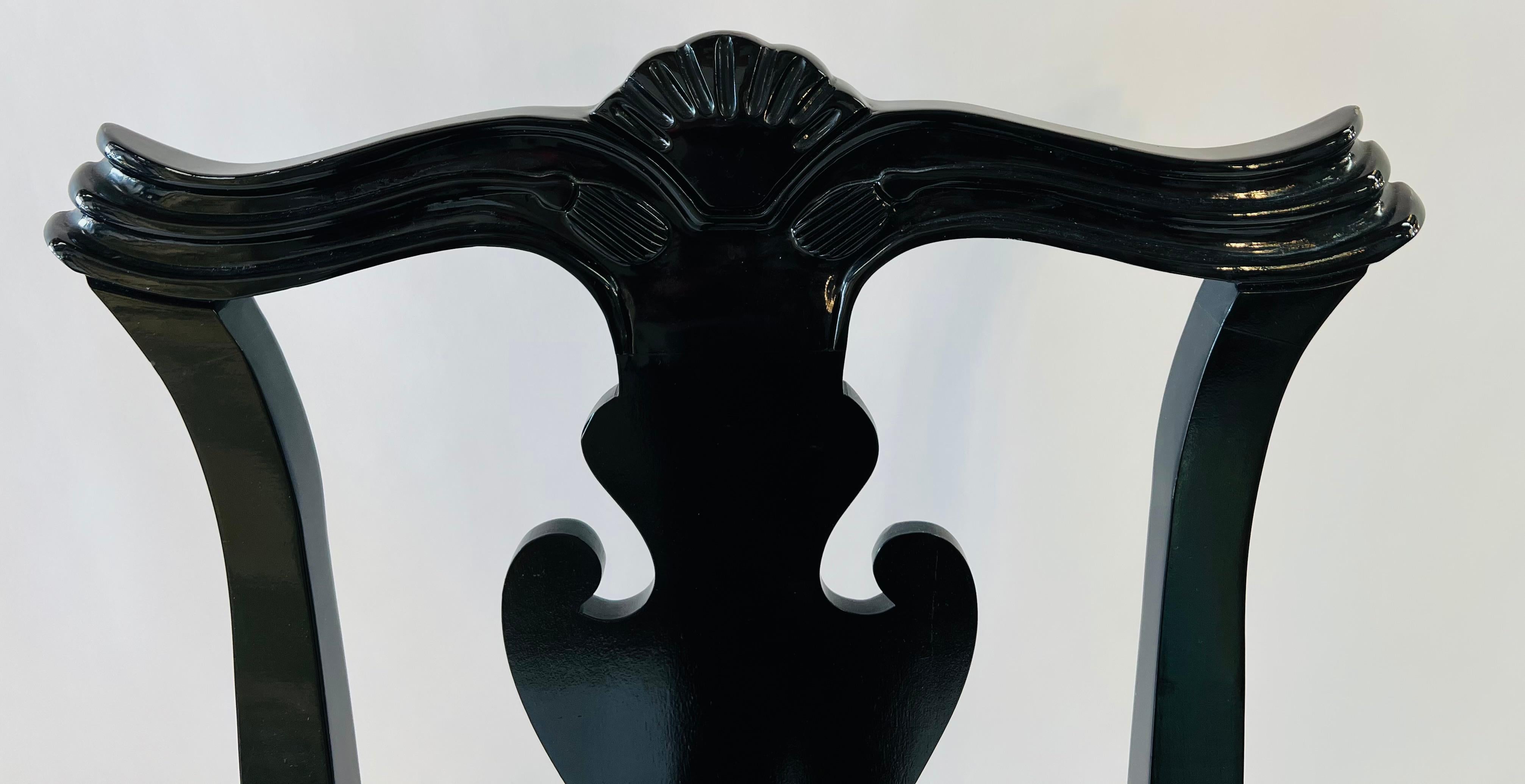 Vintage Hickory Black Lacquer Chippendale Style Dining Chairs, Set of 8 7