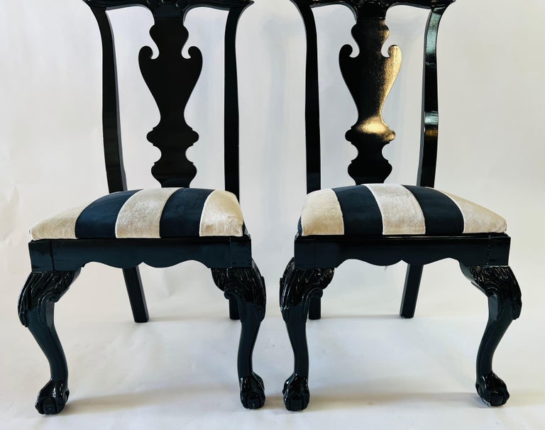 Vintage Hickory Black Lacquer Chippendale Style Dining Chairs, Set of 8 In Good Condition For Sale In Plainview, NY