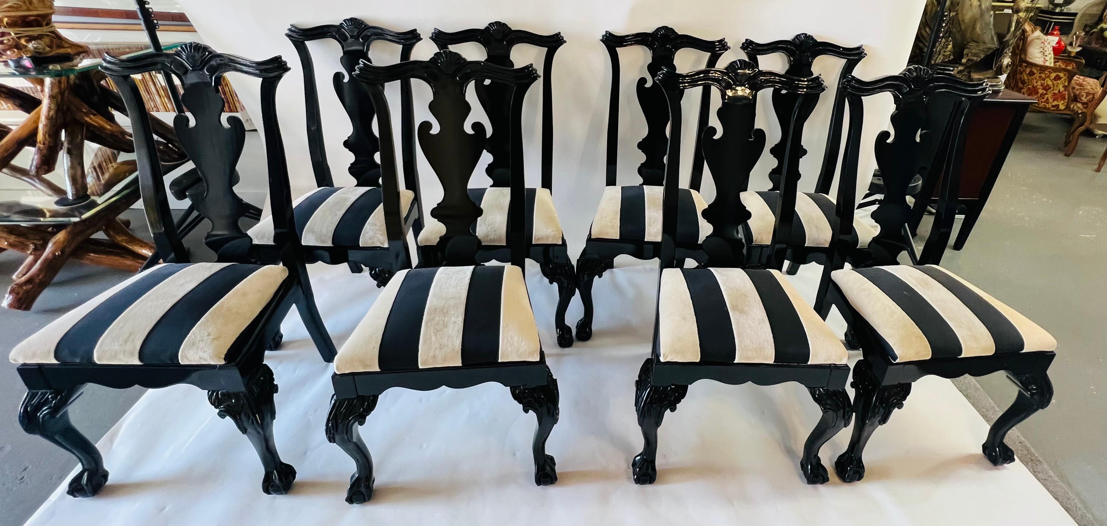 20th Century Vintage Hickory Black Lacquer Chippendale Style Dining Chairs, Set of 8