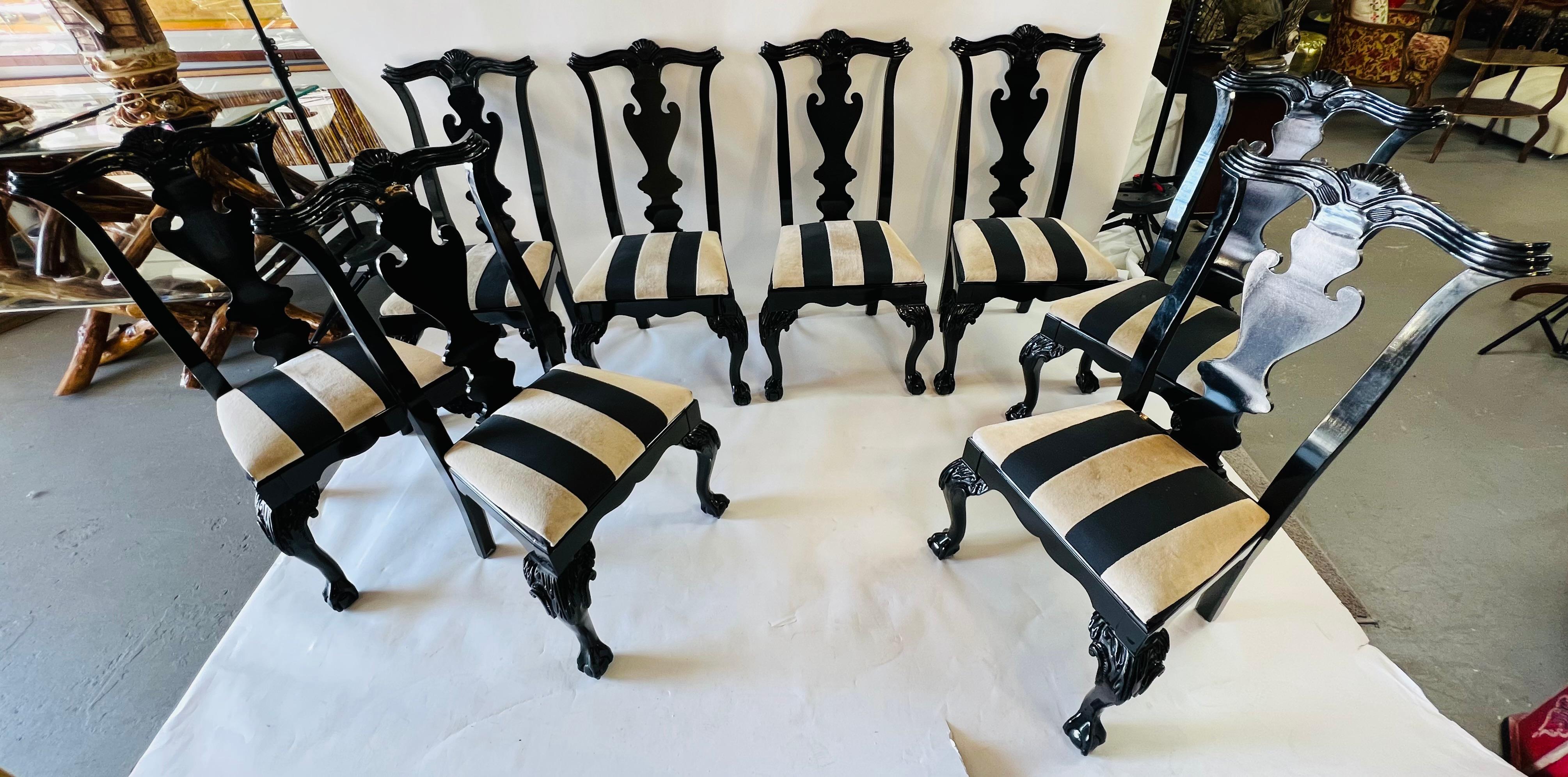 Upholstery Vintage Hickory Black Lacquer Chippendale Style Dining Chairs, Set of 8