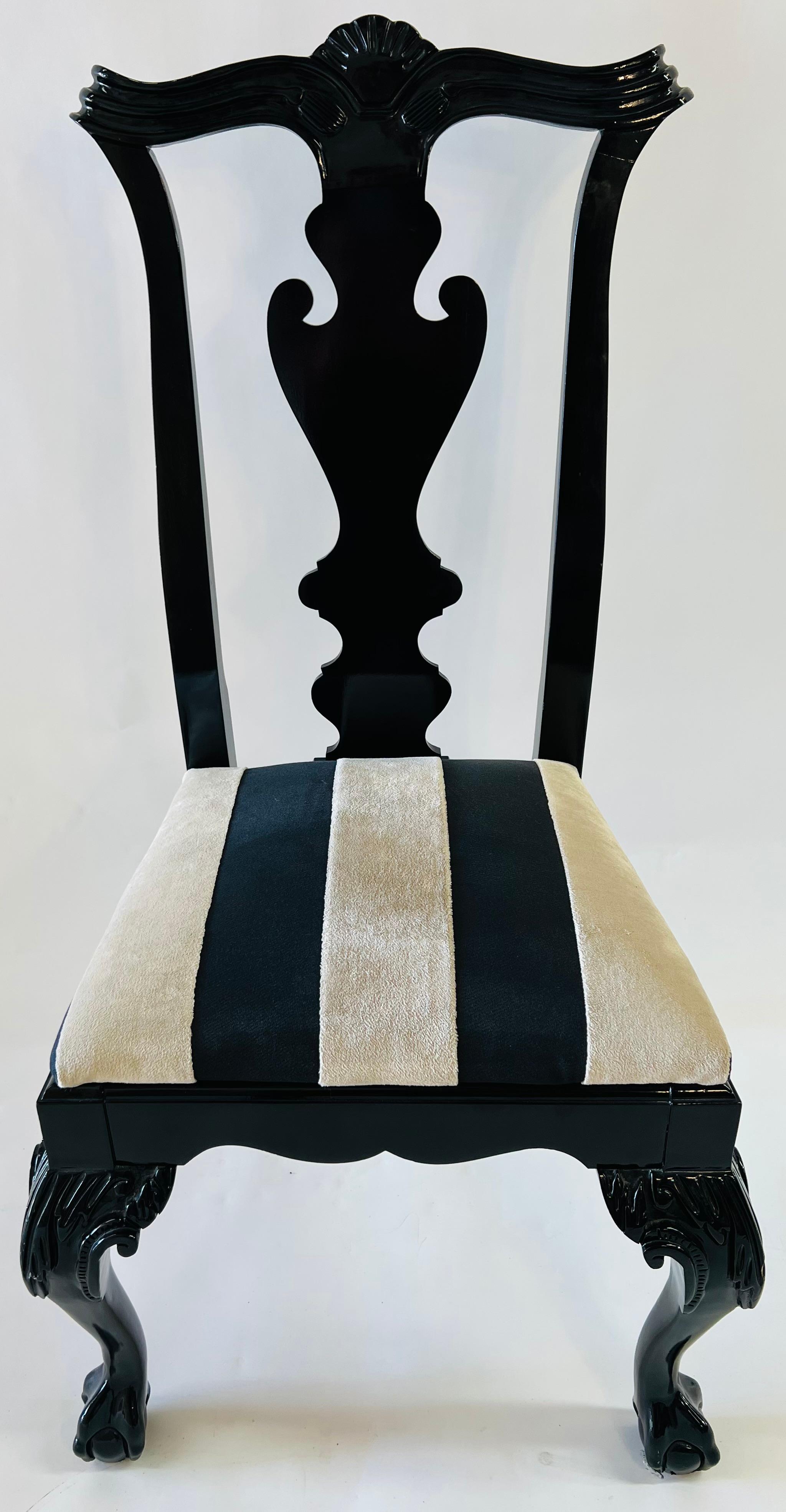 Vintage Hickory Black Lacquer Chippendale Style Dining Chairs, Set of 8 1