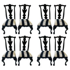 Used Hickory Black Lacquer Chippendale Style Dining Chairs, Set of 8