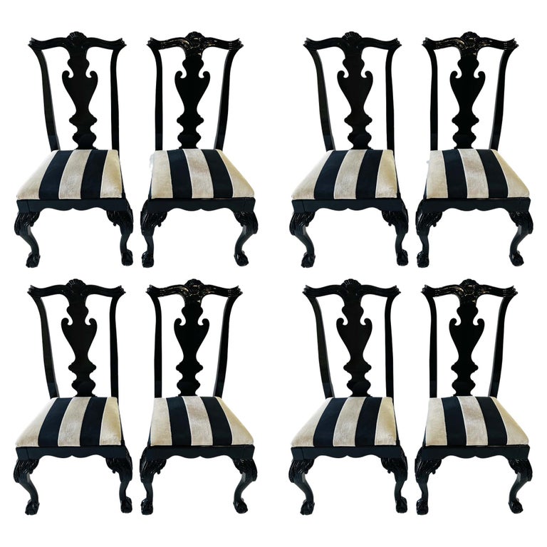 Vintage Hickory Black Lacquer Chippendale Style Dining Chairs, Set of 8 For Sale