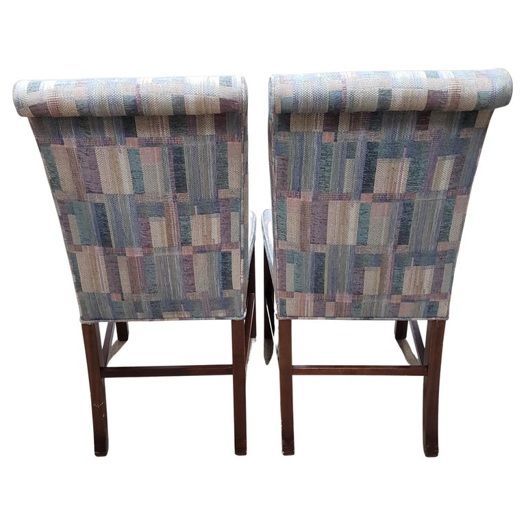 20th Century Vintage Hickory Chair Chippendale Mahogany Upholstered Chairs, a Set For Sale