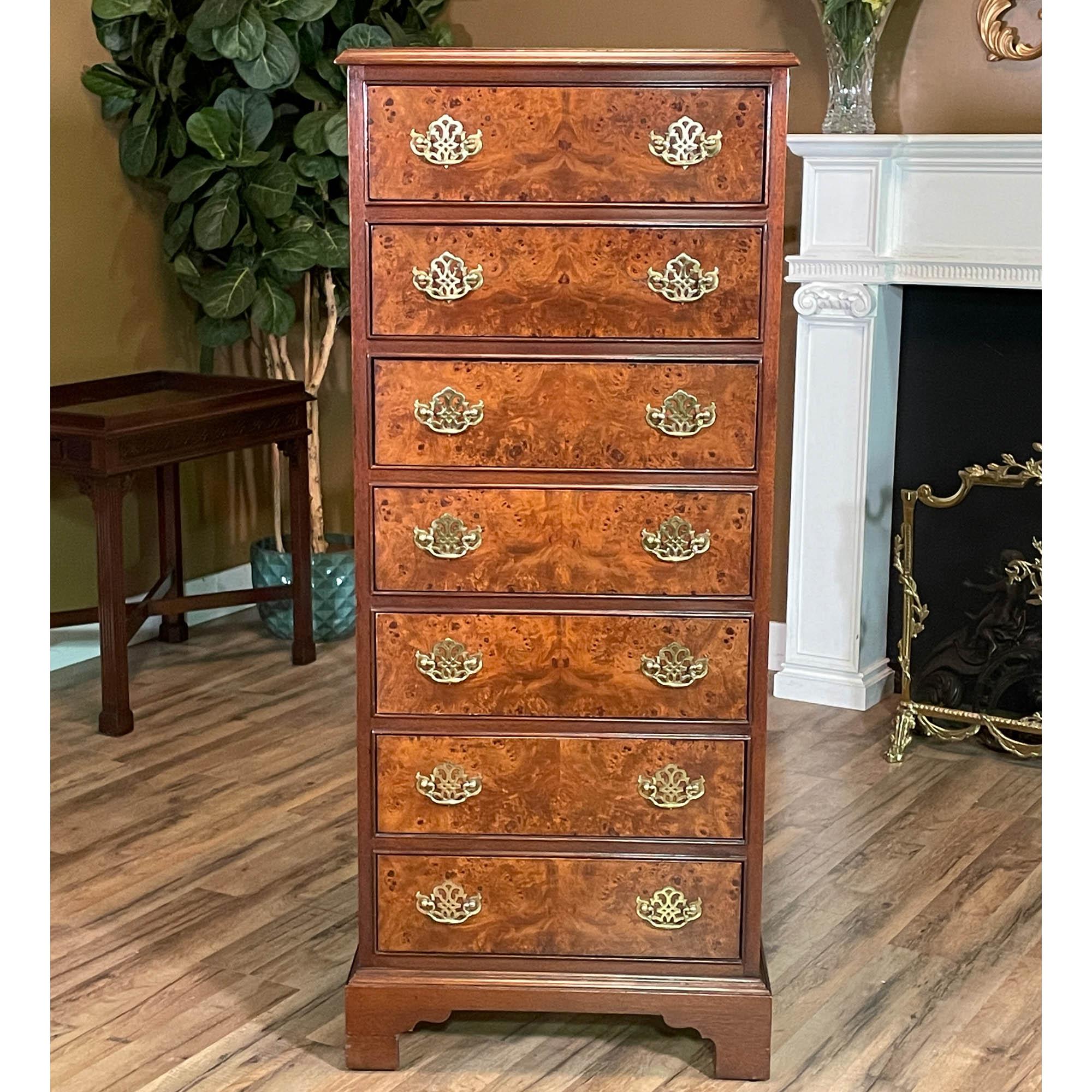 From Niagara Furniture a Vintage Hickory Lingerie Chest, a high quality piece of furniture from top to bottom. This tall chest was designed to store lingerie but it can hold any variety of items, all in a narrow space. Hard to find vertical storage,