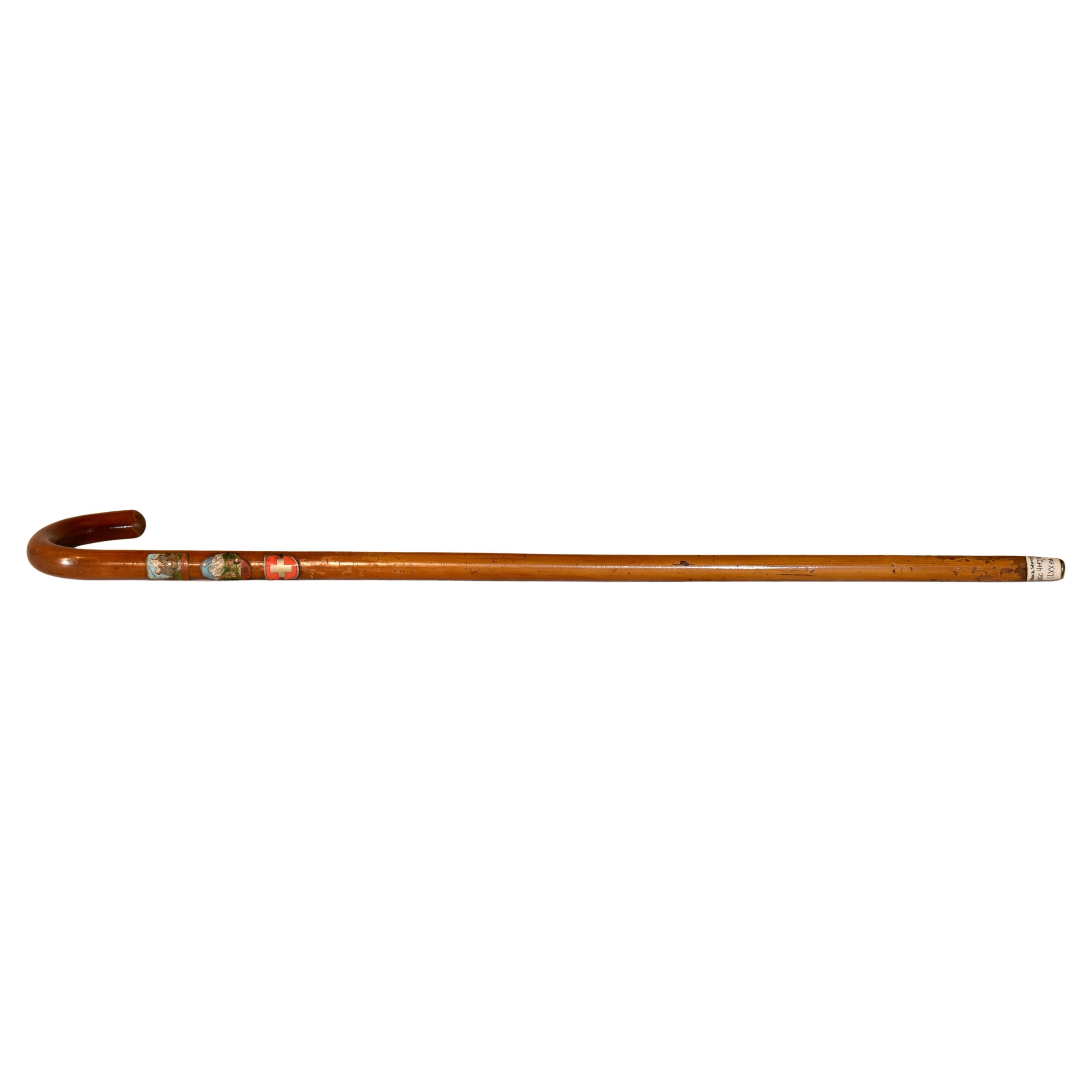 Vintage Hickory Walking Stick with Three Badges