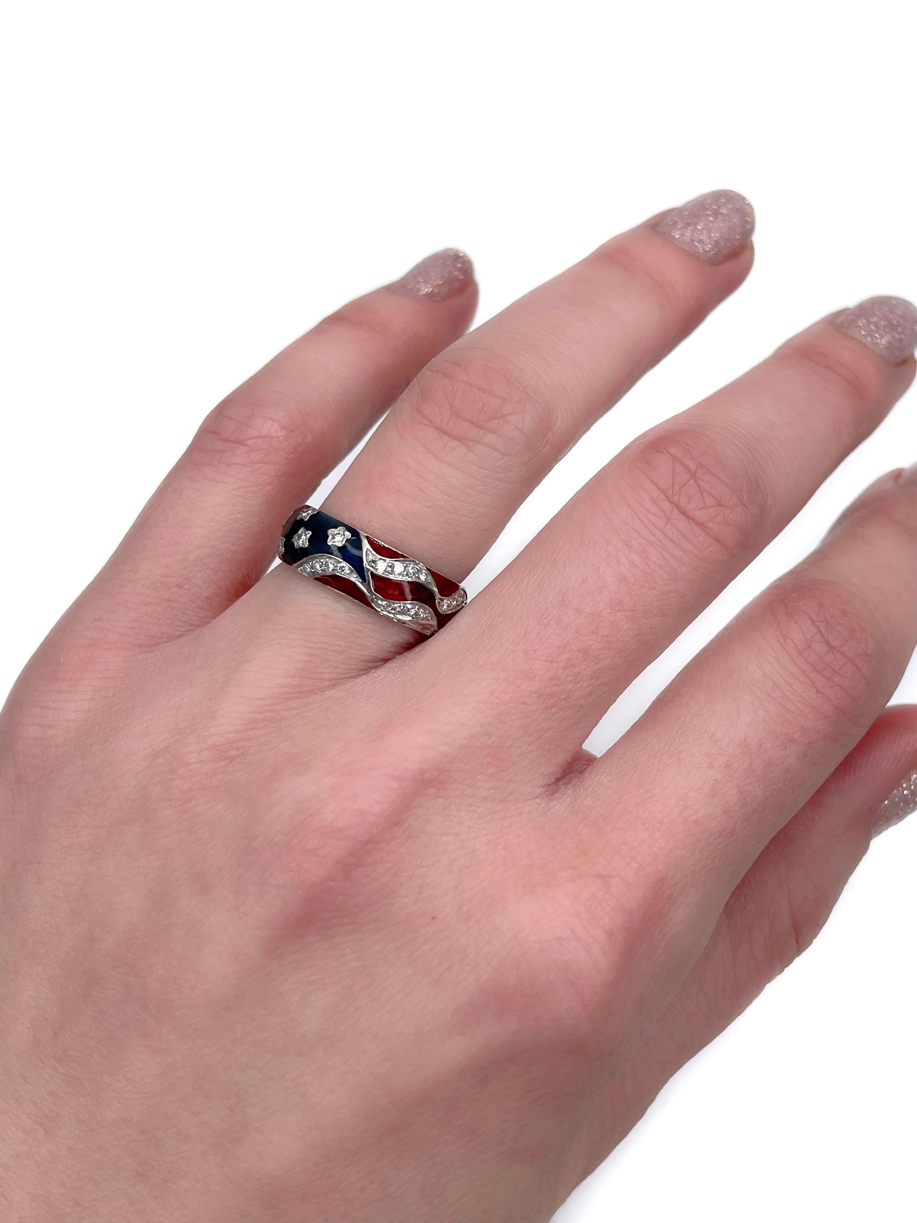 This is a vintage United States flag band ring designed by Hidalgo in 1990s. The piece is crafted in 18K white gold. It features diamonds, blue and red enamel. 

Signed “750 Hidalgo” on the shank. 

Weight: 4.18g 
Size: 16.5 (US 6)

IMPORTANT: