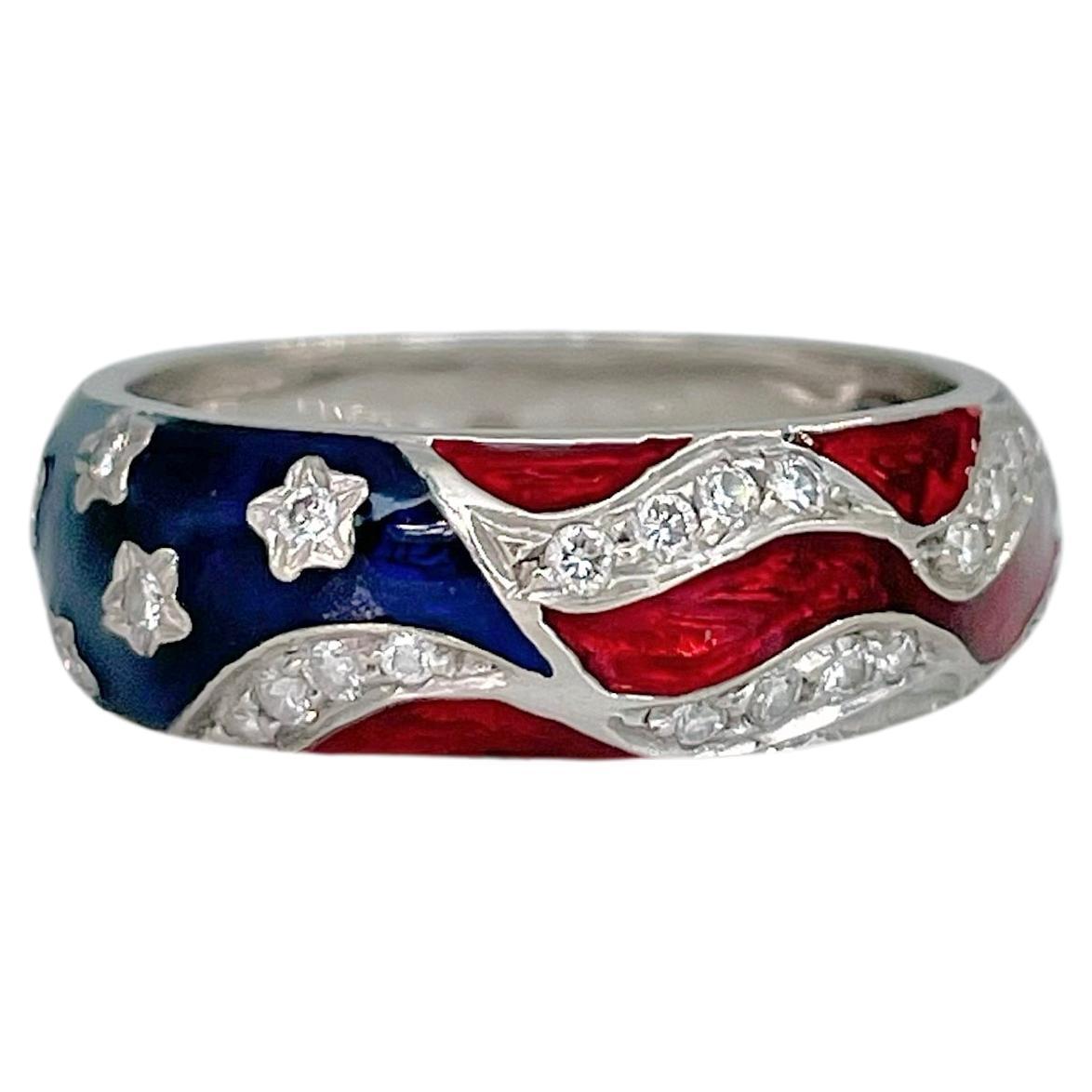 Vintage Hidalgo 18 Karat Gold Diamond Enamel United States Flag Band Ring For Sale