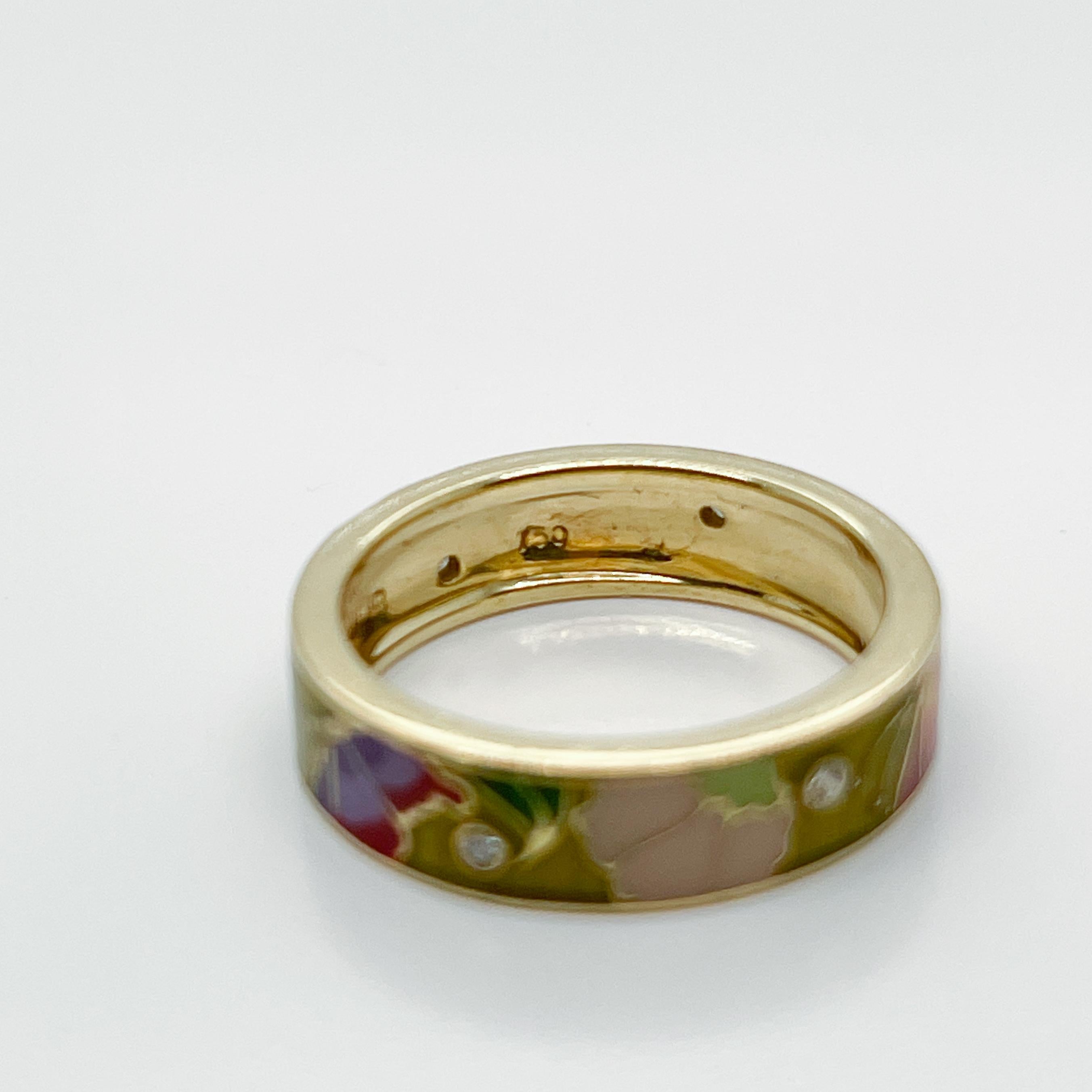 Women's or Men's Vintage Hidalgo 18k Gold, Diamond & Enamel Band Ring with Butterflies & Flowers