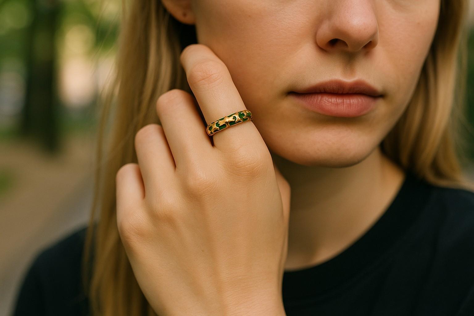 Celebrate the artistry of designer fine jewelry with this Hidalgo 18K Yellow Gold Green Enamel X Band Ring. Crafted in rich 18K yellow gold, this ring features a signature “X” motif in vibrant green enamel, a hallmark of Hidalgo’s playful yet