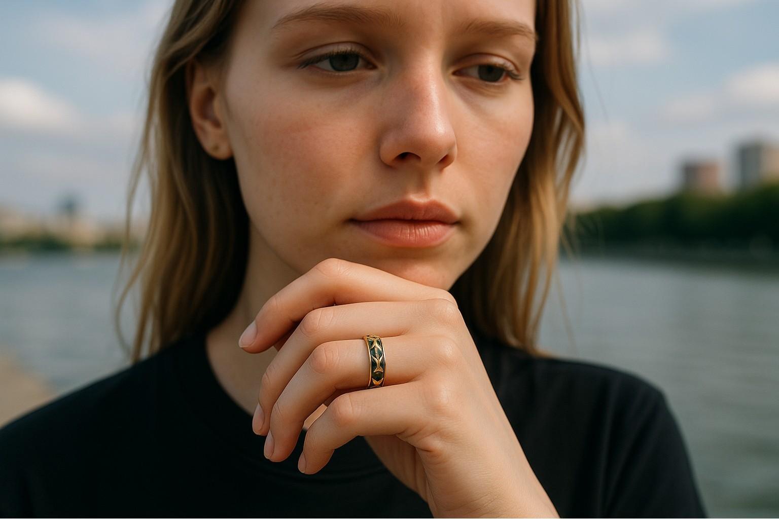 Women's Vintage Hidalgo 18K Yellow Gold Green Enamel X Band Ring Size 6.5 For Sale