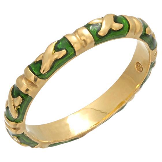 Vintage Hidalgo 18K Yellow Gold Green Enamel X Band Ring Size 6.5 For Sale