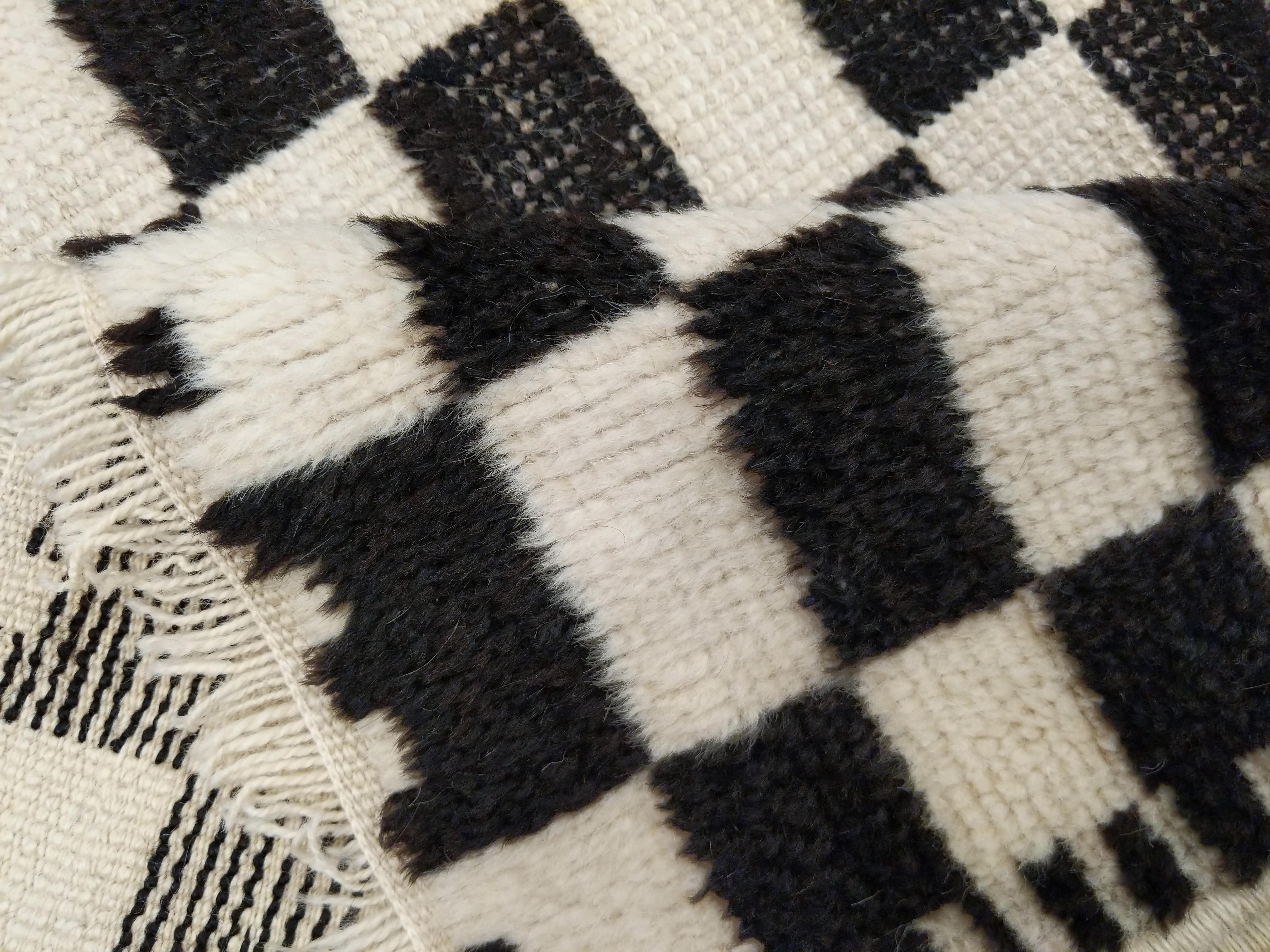 Wool Vintage High Atlas Berber Moroccan Rug with Ivory/Black Chequerboard Pattern For Sale