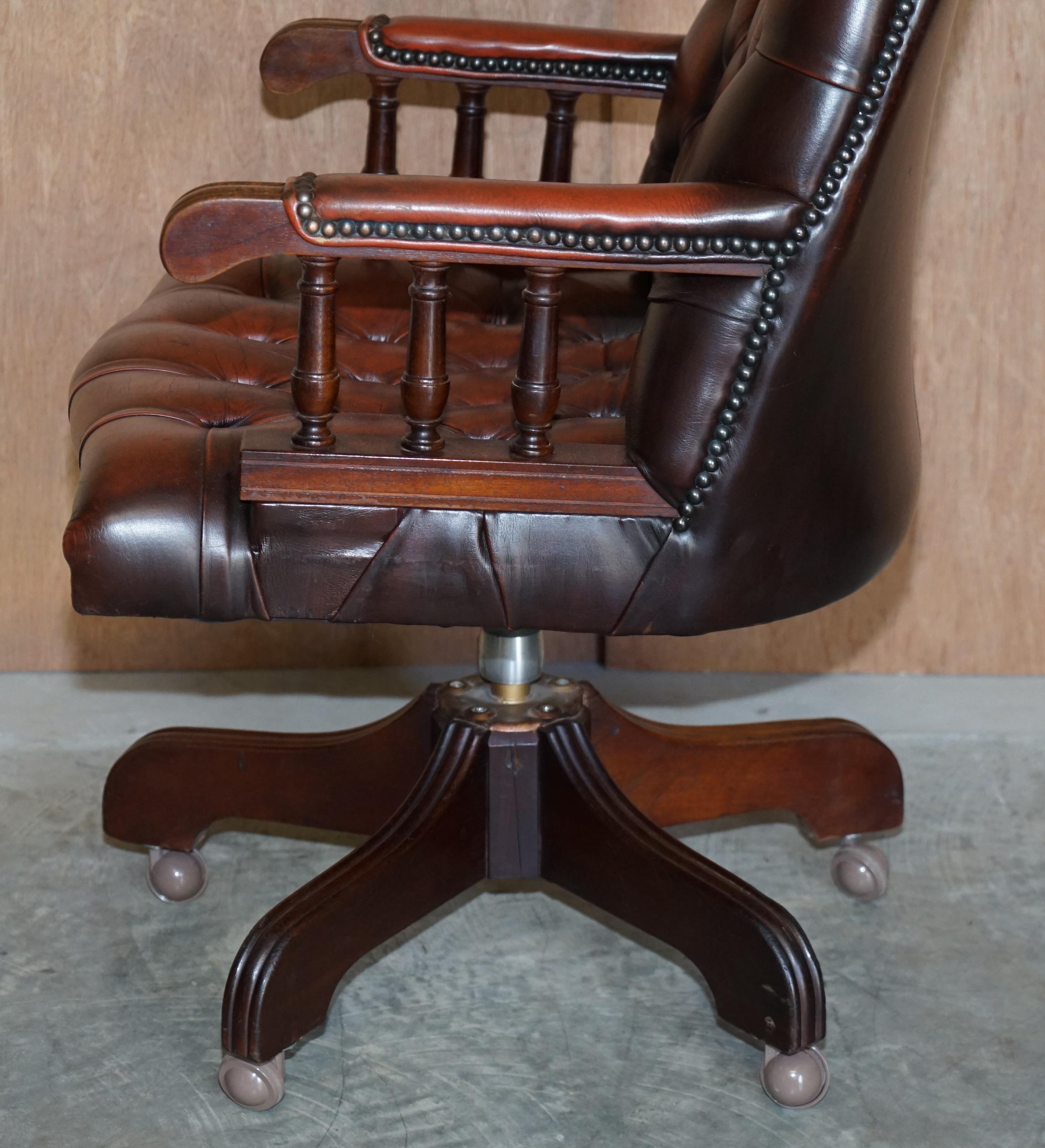 Vintage High Back Aged Brown Leather Chesterfield Captains Directors Chair 8