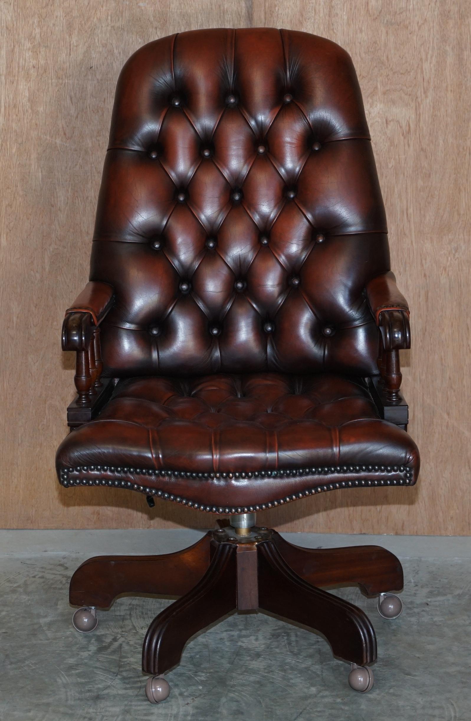 20th Century Vintage High Back Aged Brown Leather Chesterfield Captains Directors Chair