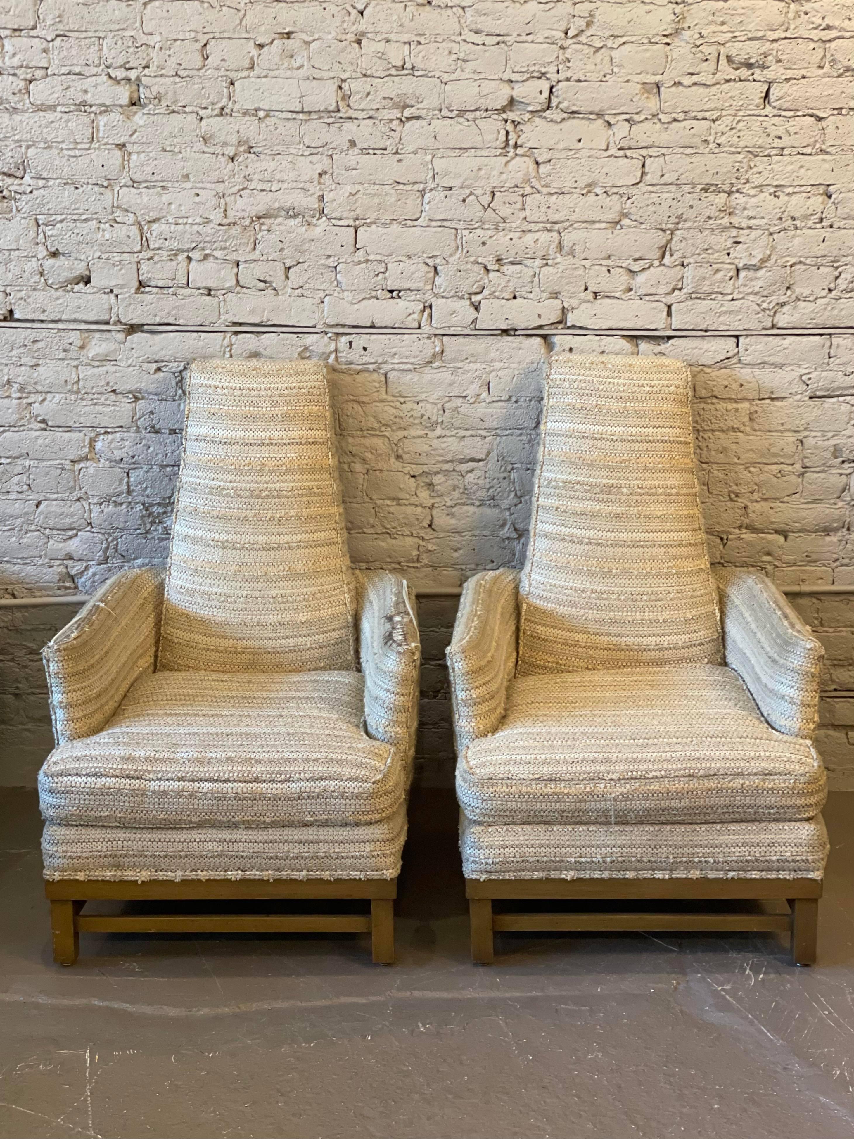 Textile Vintage High Back Chairs in Tan Upholstery, a Pair