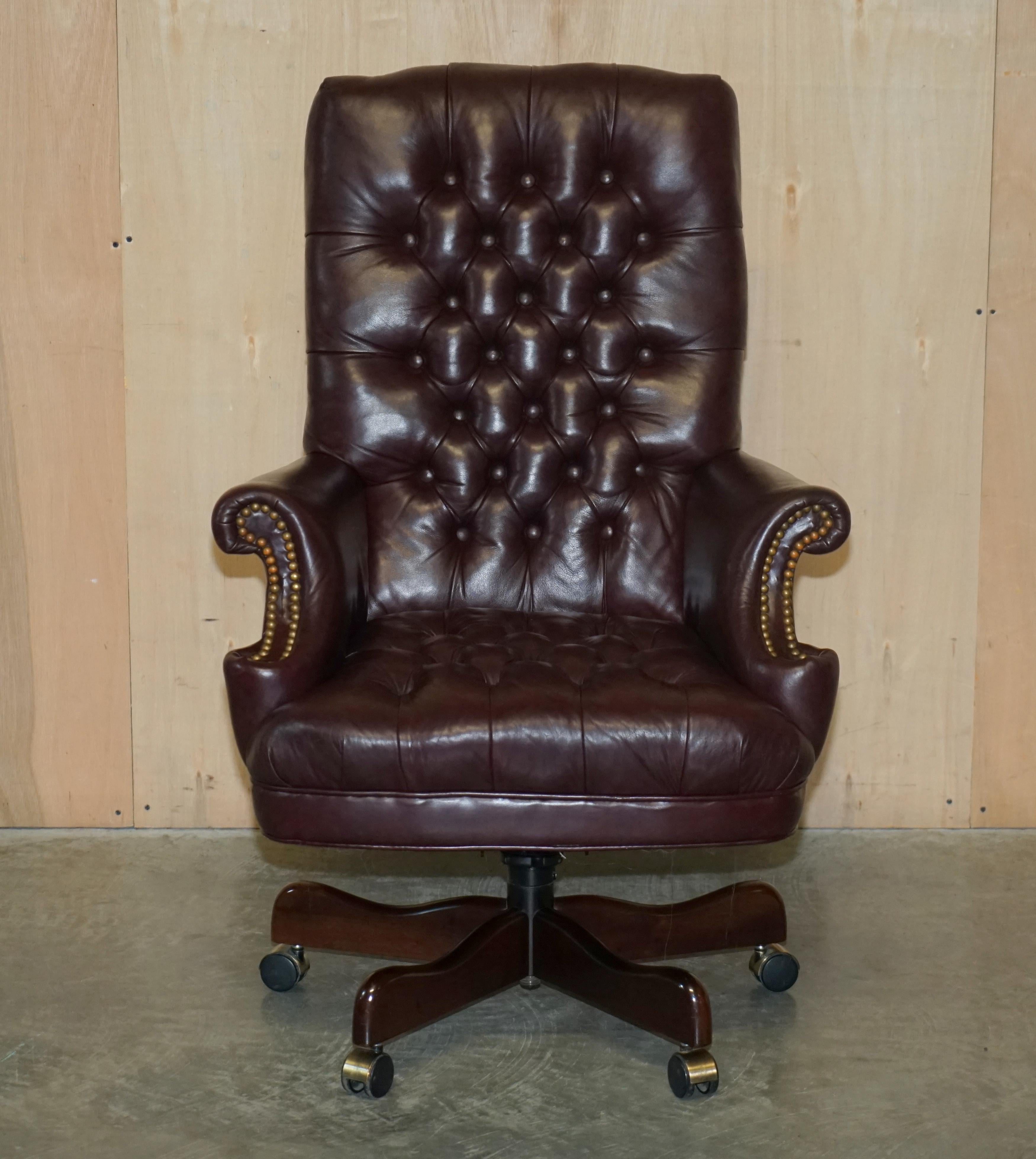 We are delighted to offer for sale this lovely, large, very comfortable Chesterfield leather wing style office armchair

This is a very comfortable captain’s indeed, it’s like your favourite reading chair with wheels. This was retailed through