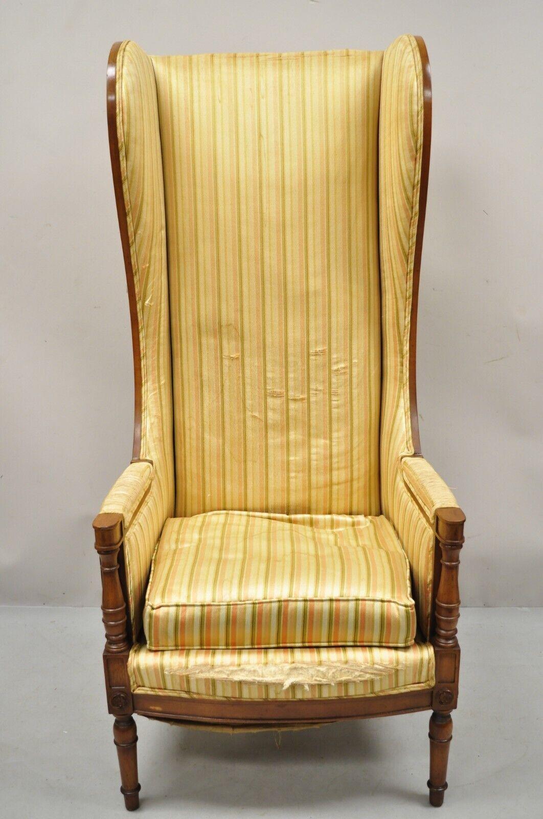 Vintage High Back French Hollywood Regency stately throne lounge arm chair. Item features a tall stately form, solid wood frame, beautiful wood grain, tapered legs, very nice vintage item, great style and form. Circa Mid 20th Century.
Measurements: