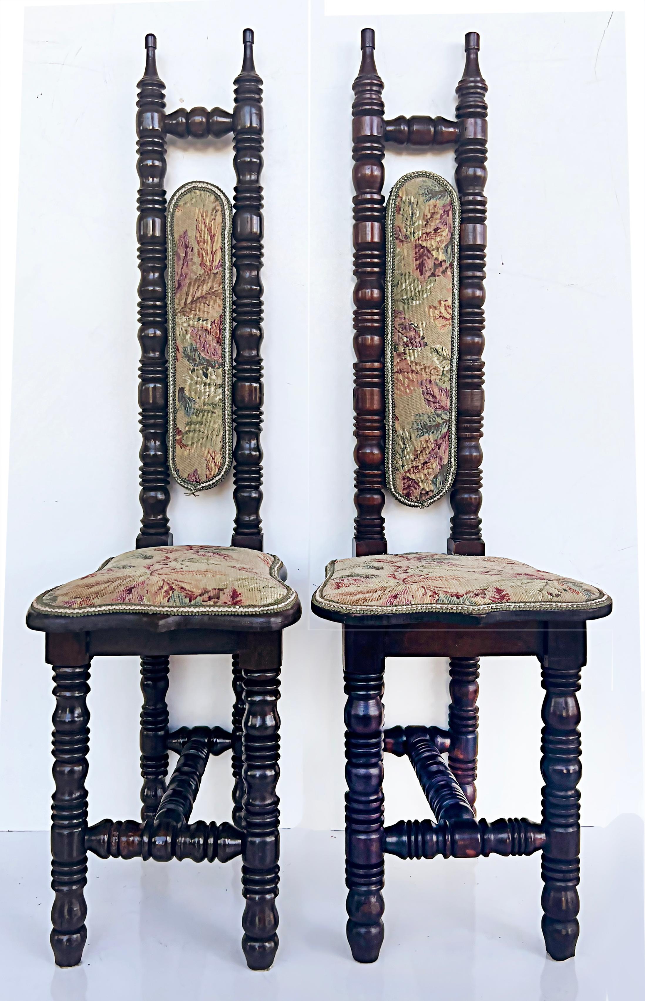 Tapestry Vintage High Back Jacobean Style Spanish Hall Prayer Chairs, Pair