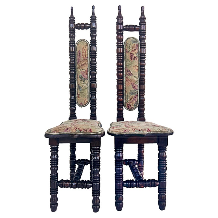 Vintage High Back Jacobean Style Spanish Hall Prayer Chairs, Pair at