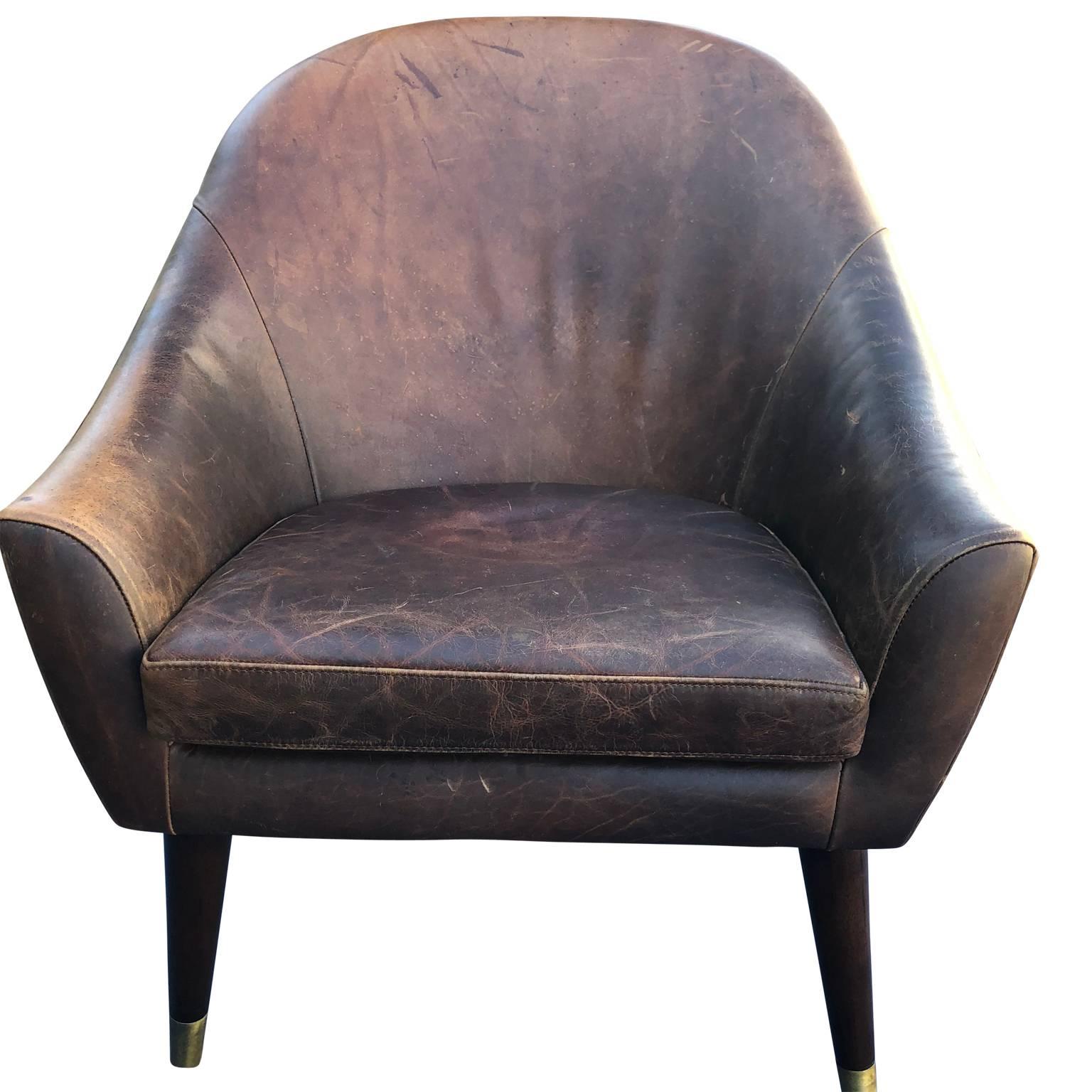Mid-Century Modern Vintage American High Back Leather Club Chair