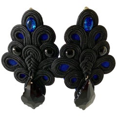 Vintage High Fashion Blue Black 1980s Statement Earrings 