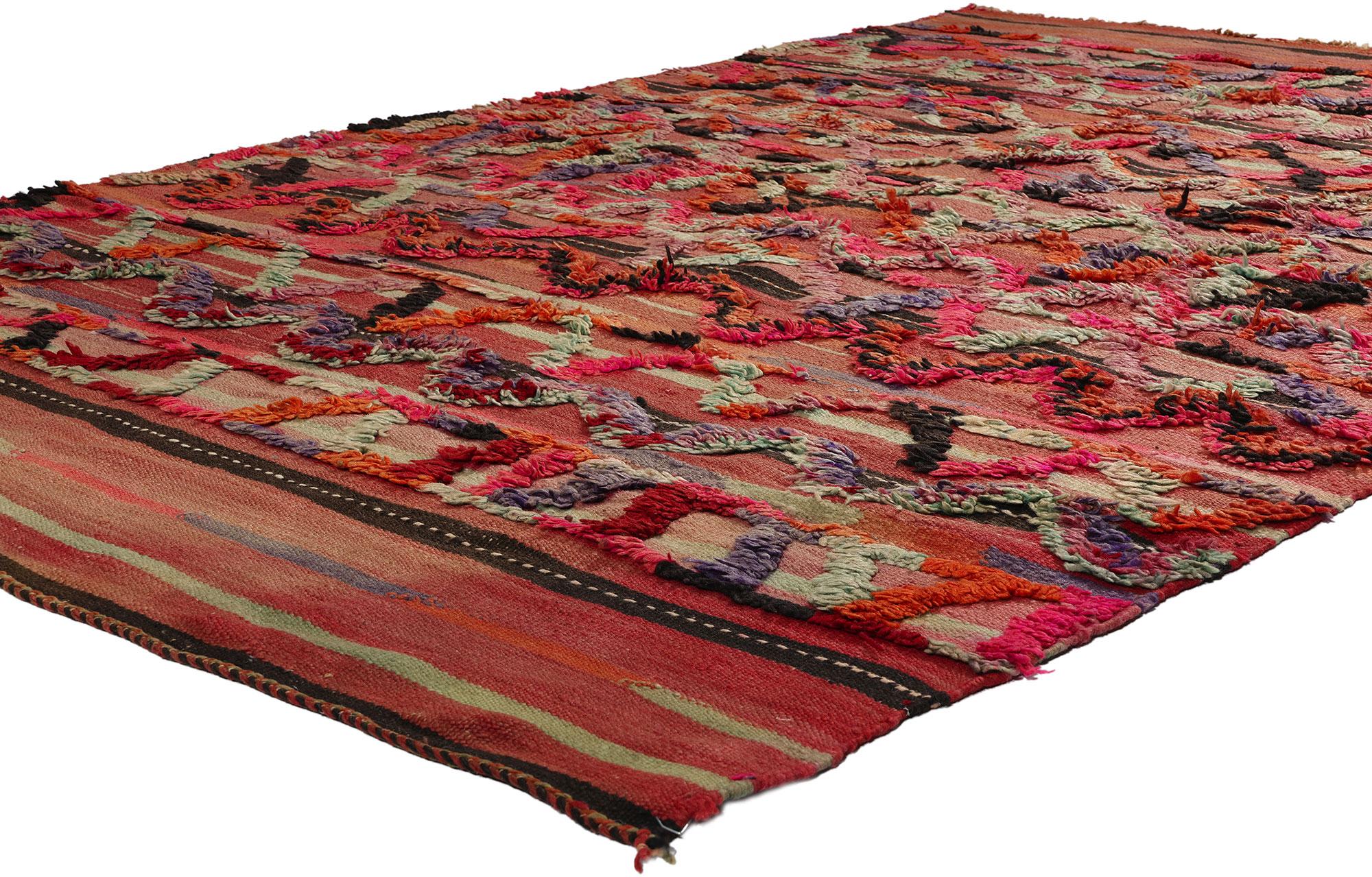 21832 Vintage High-Low Taznakht Moroccan Rug, 05'00 x 07'06. Taznakht rugs are a distinct style of handwoven rug originating from the Taznakht region nestled in the High Atlas Mountains of Morocco. Renowned for their vibrant hues, elaborate