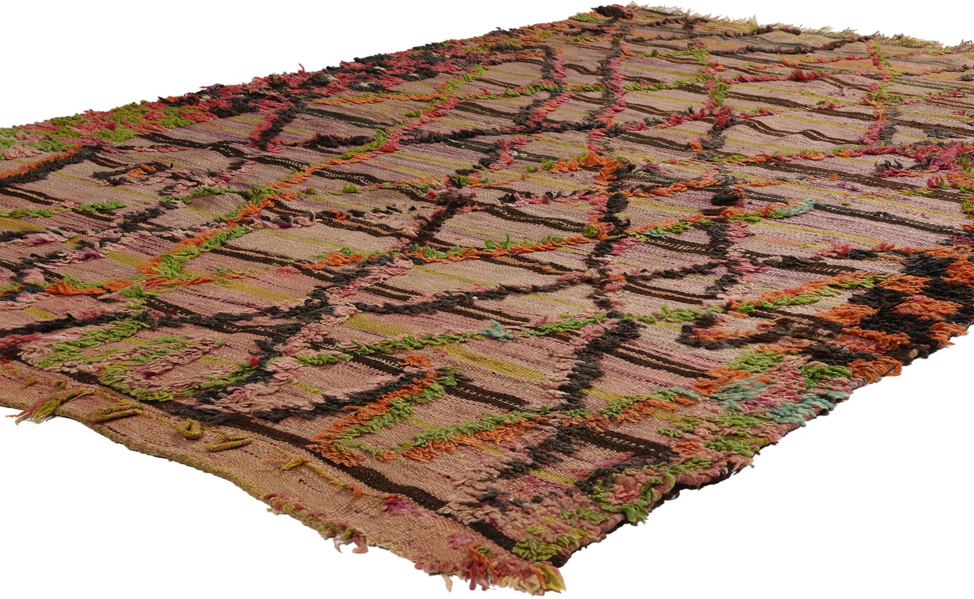 21837 Vintage High-Low Taznakht Moroccan Rug, 04'09 x 07'02. A vintage Taznakht rug refers to a type of handwoven rug originating from the Taznakht region in the High Atlas Mountains of Morocco. These rugs are known for their vibrant colors,