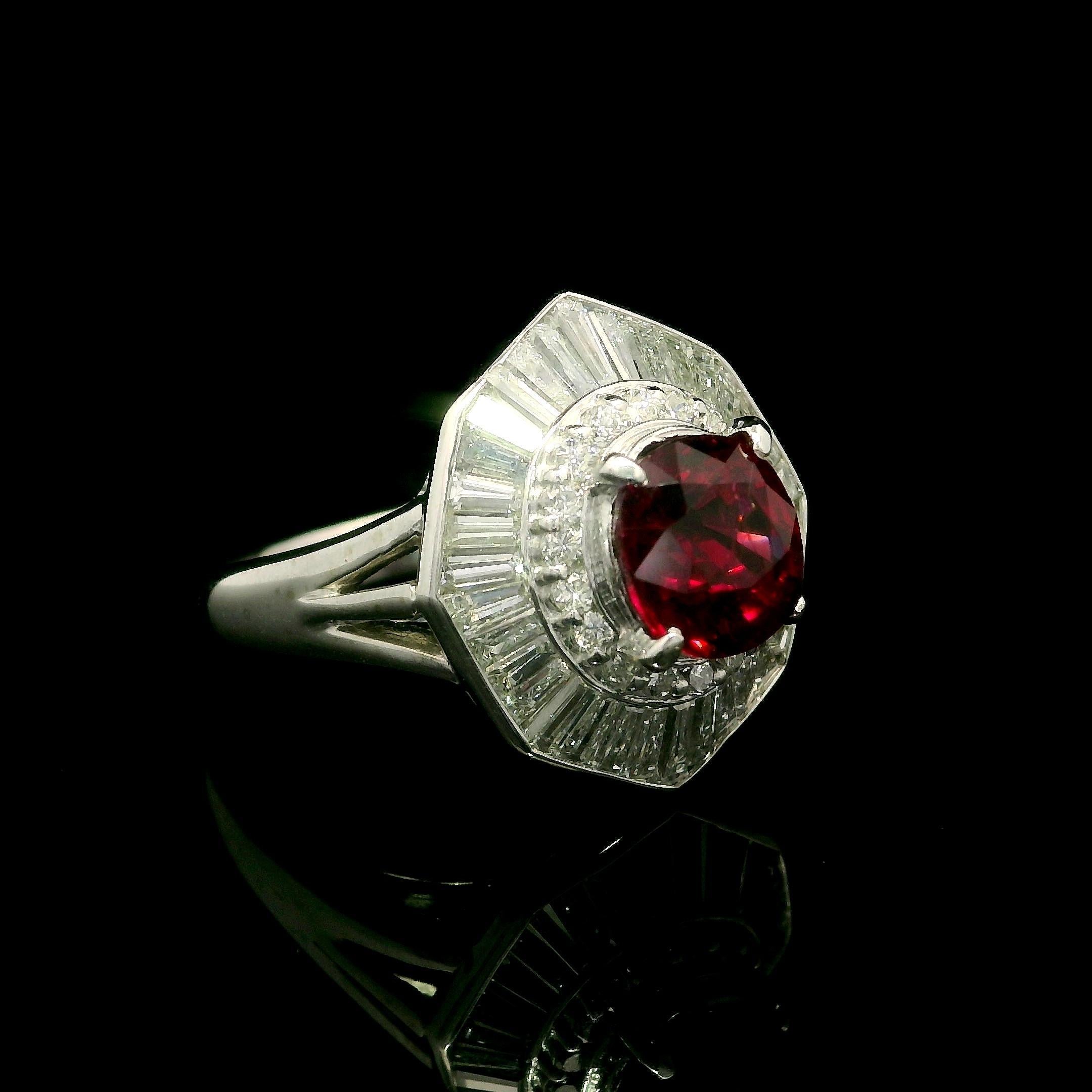 Vintage High Quality Platinum GIA 3.72ctw Vivid Red Ruby Diamond Ballerina Ring For Sale 5