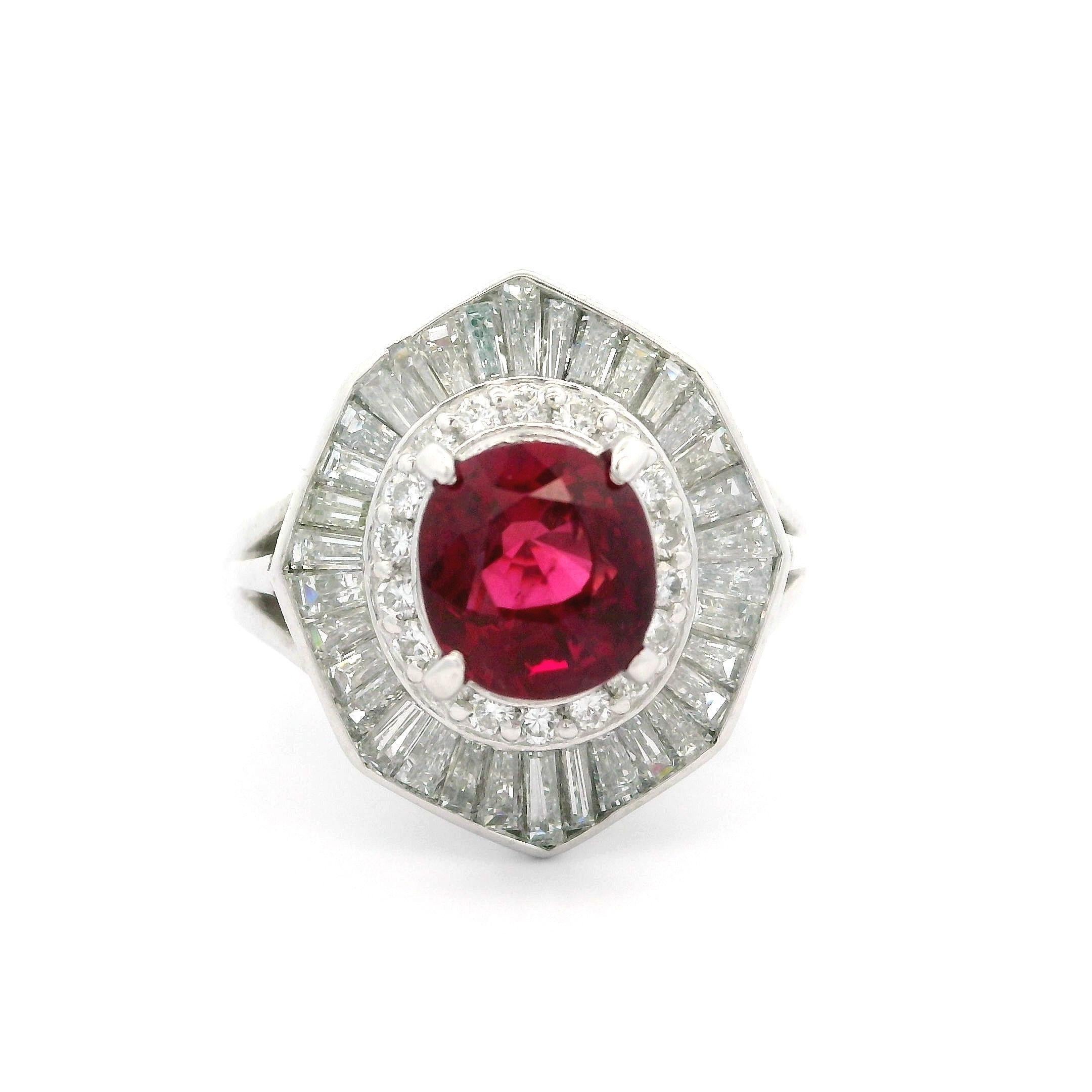 Vintage High Quality Platinum GIA 3.72ctw Vivid Red Ruby Diamond Ballerina Ring For Sale 6