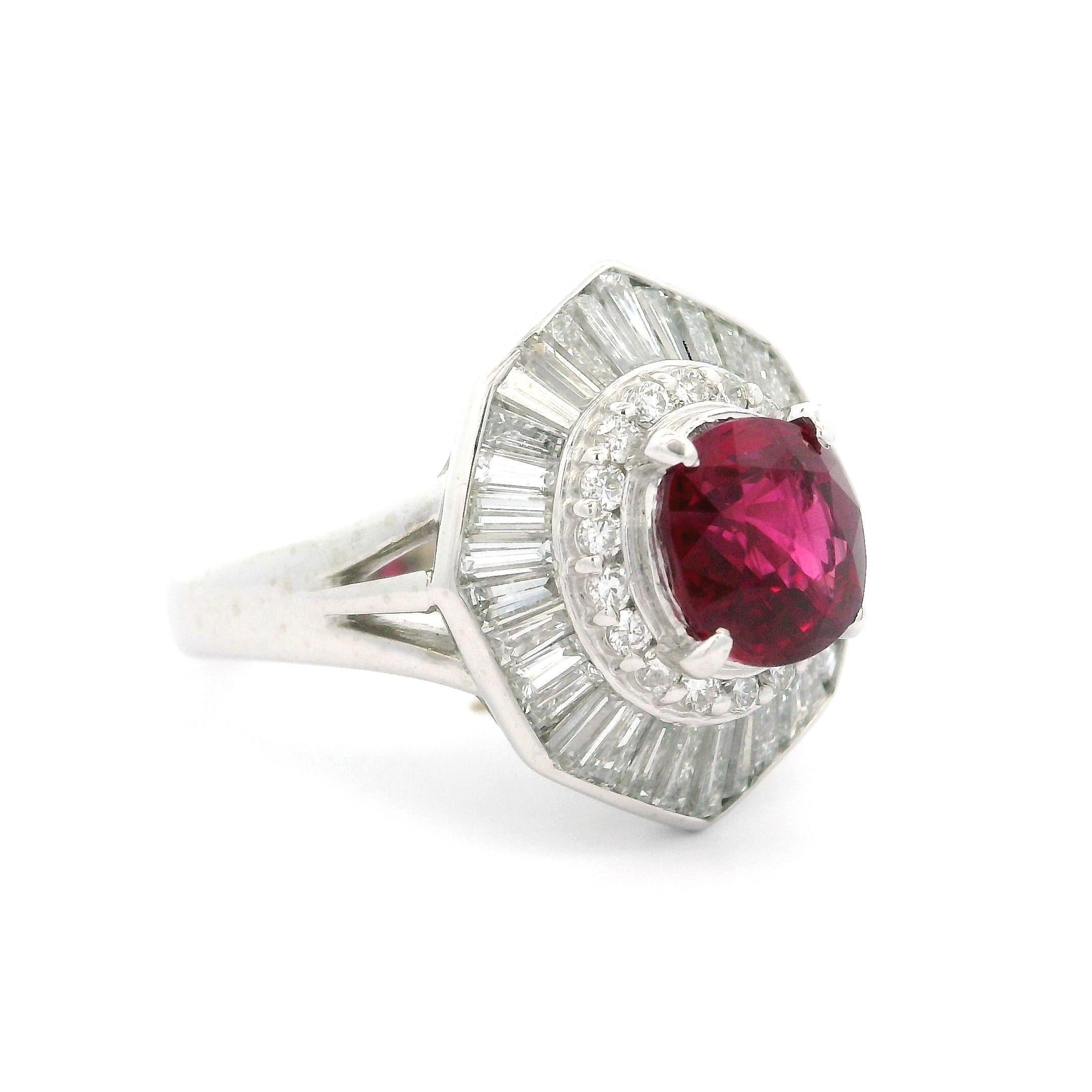 Vintage High Quality Platinum GIA 3.72ctw Vivid Red Ruby Diamond Ballerina Ring For Sale 7