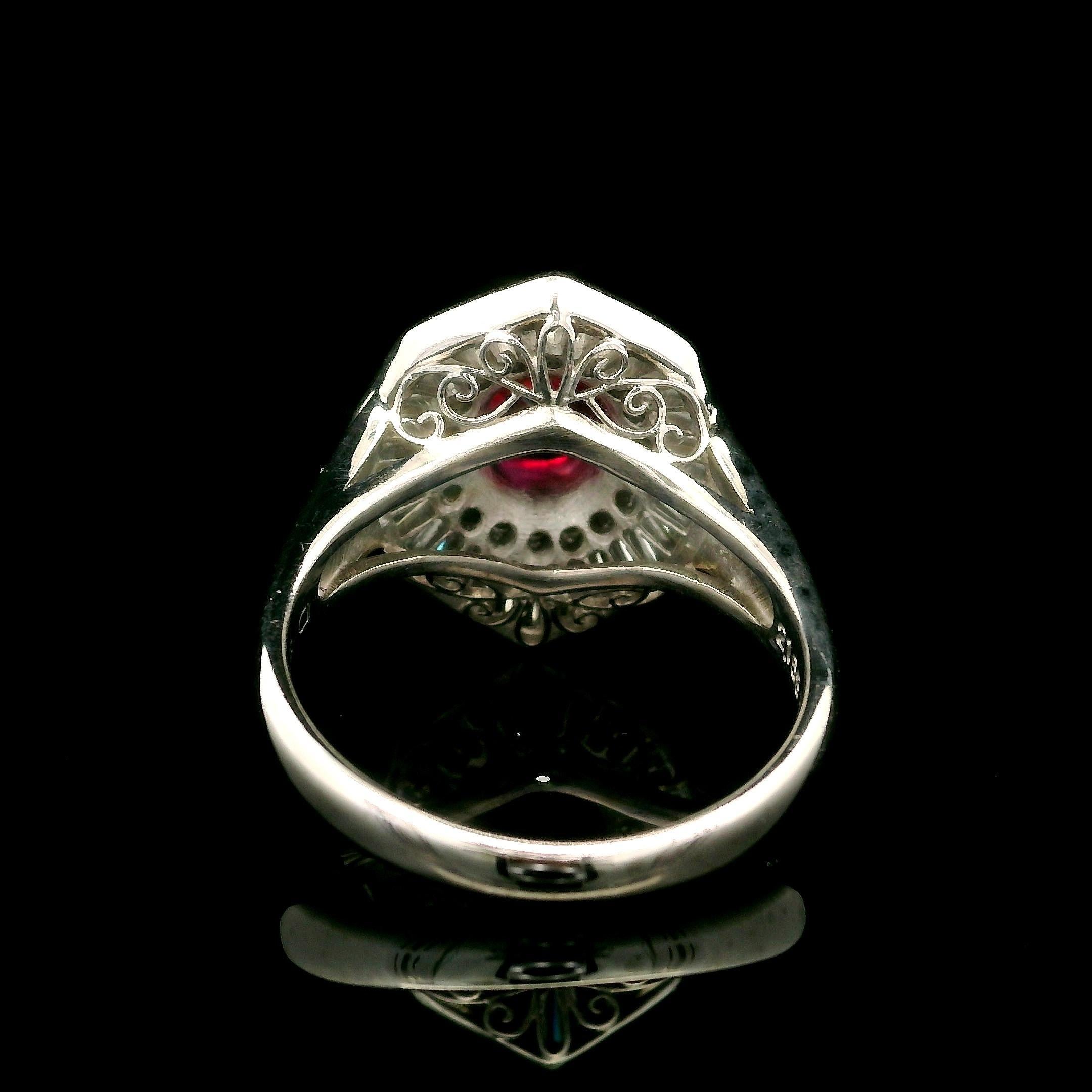 Vintage High Quality Platinum GIA 3.72ctw Vivid Red Ruby Diamond Ballerina Ring In Excellent Condition For Sale In Montclair, NJ