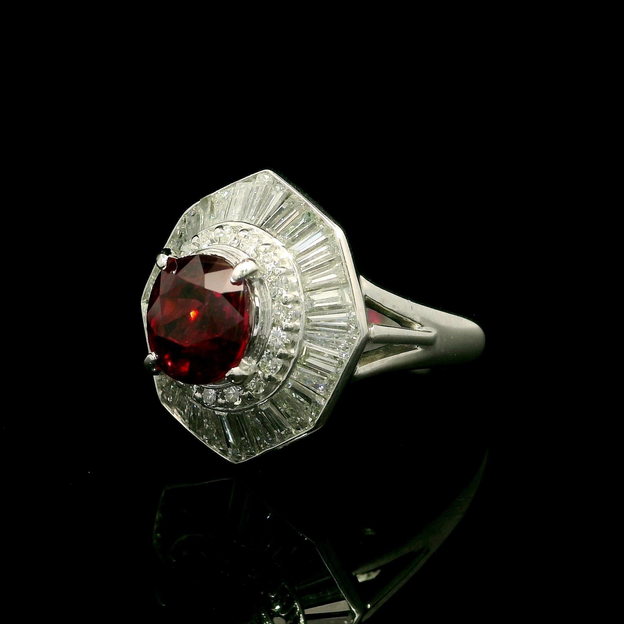 Women's Vintage High Quality Platinum GIA 3.72ctw Vivid Red Ruby Diamond Ballerina Ring For Sale