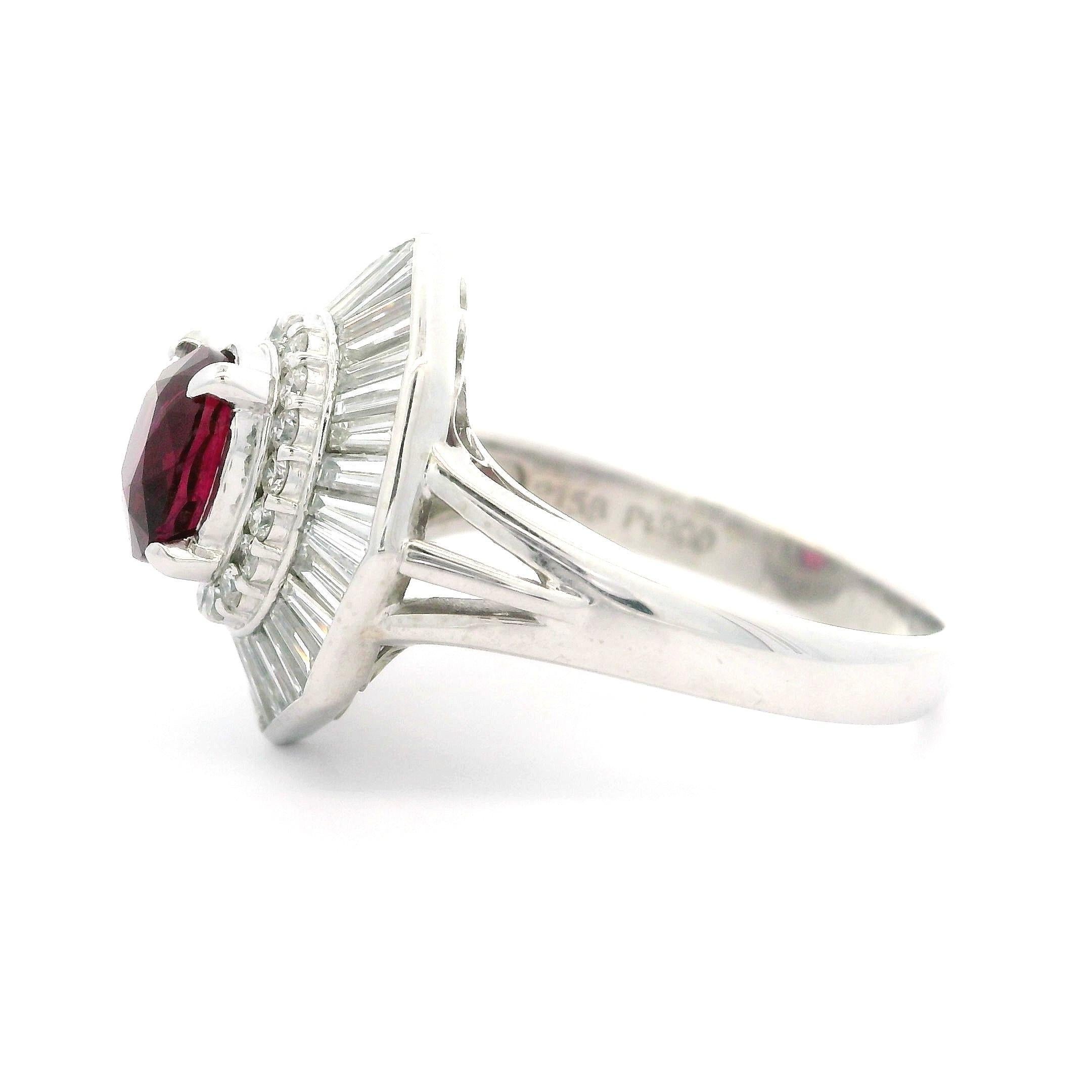 Vintage High Quality Platinum GIA 3.72ctw Vivid Red Ruby Diamond Ballerina Ring For Sale 2