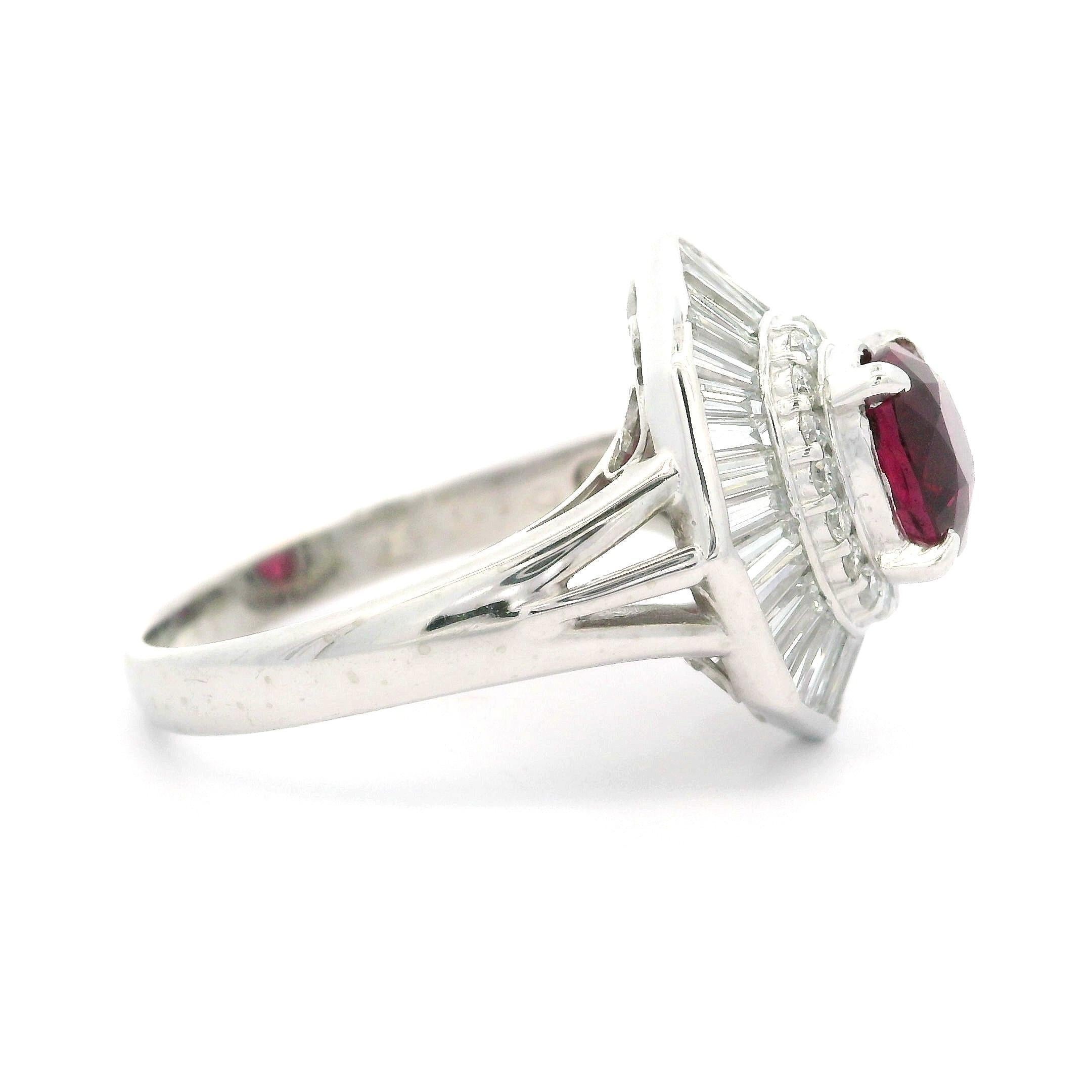 Vintage High Quality Platinum GIA 3.72ctw Vivid Red Ruby Diamond Ballerina Ring For Sale 3