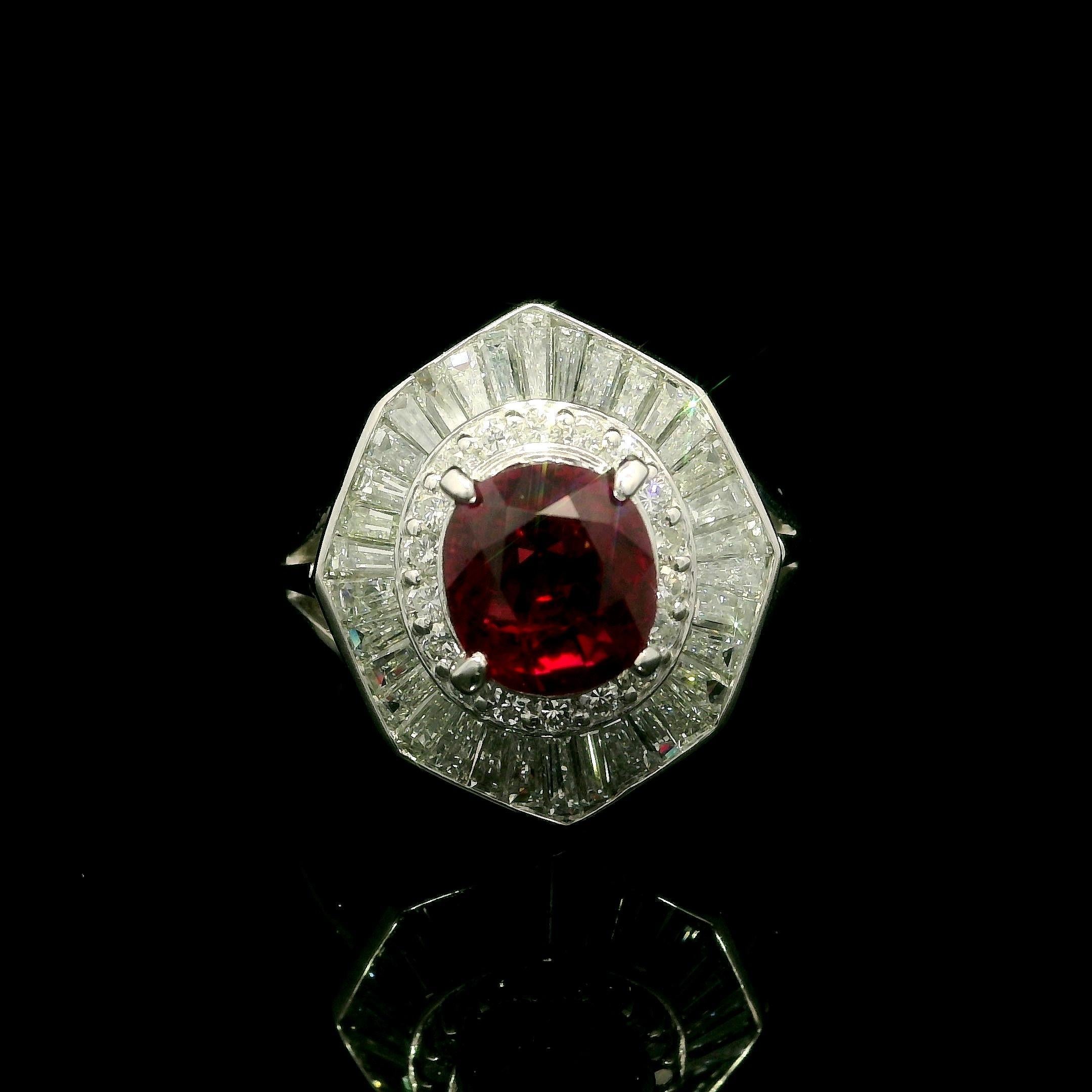 Vintage High Quality Platinum GIA 3.72ctw Vivid Red Ruby Diamond Ballerina Ring For Sale 4
