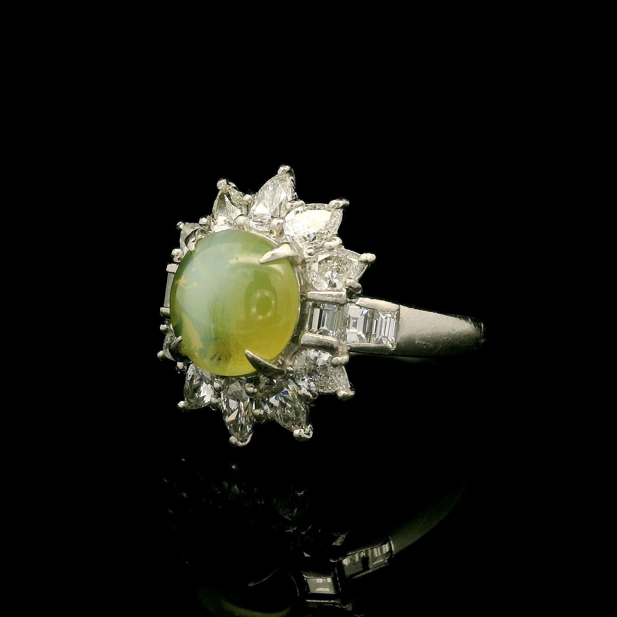 Cabochon Vintage High Quality Platinum GIA 4.52ct Round Cat's Eye Pear Diamond Ring For Sale