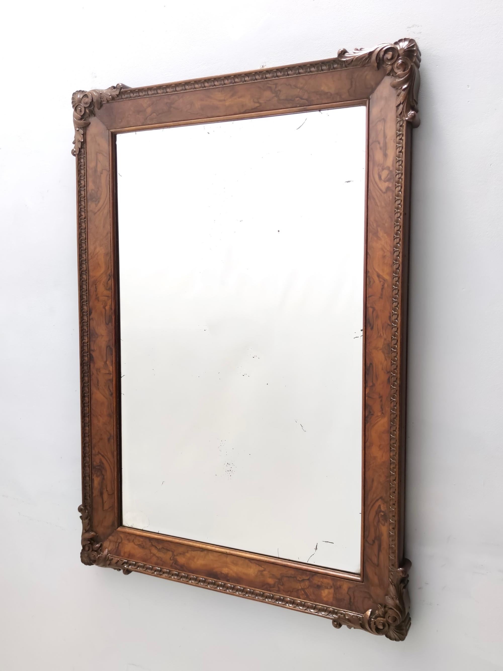 Mid-Century Modern Vintage High-quality Wall Mirror with Beech and Walnut Frame, Italy For Sale