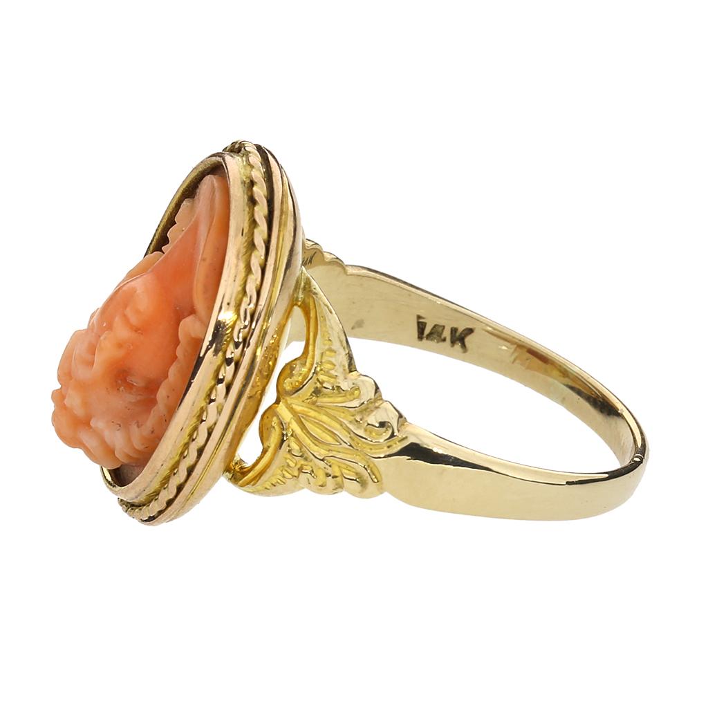 Portrait Cut Vintage High Relief Coral Cameo 14K Ring For Sale